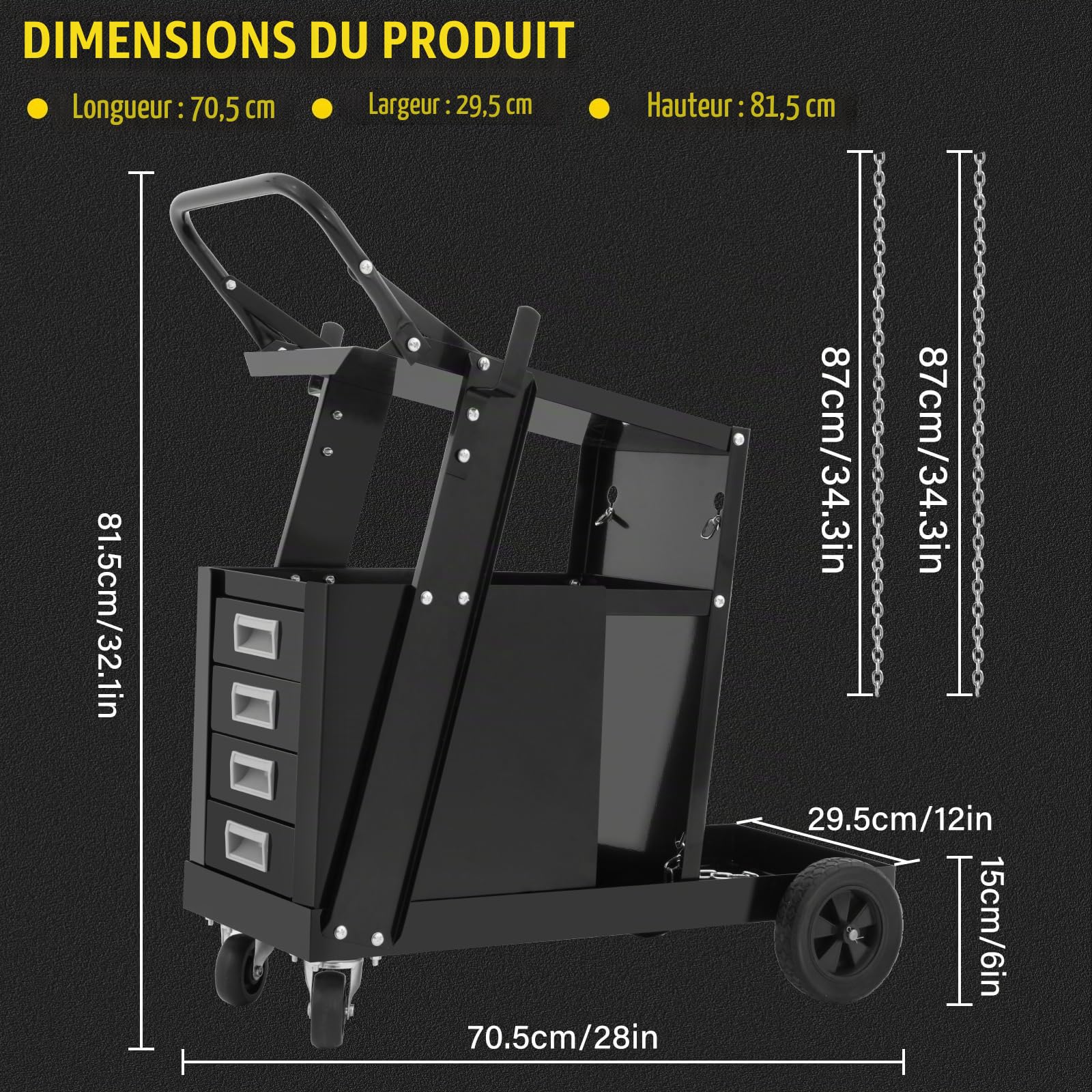 Chariot de soudage 2 étagères avec 4 tiroirs - Max 111 kg, 2 porte-bouteilles de gaz avec chaînes de sécurité, roulettes pivotantes à 360°, idéal pour soudage MIG/MAG, TIG et soudage à l'électrode