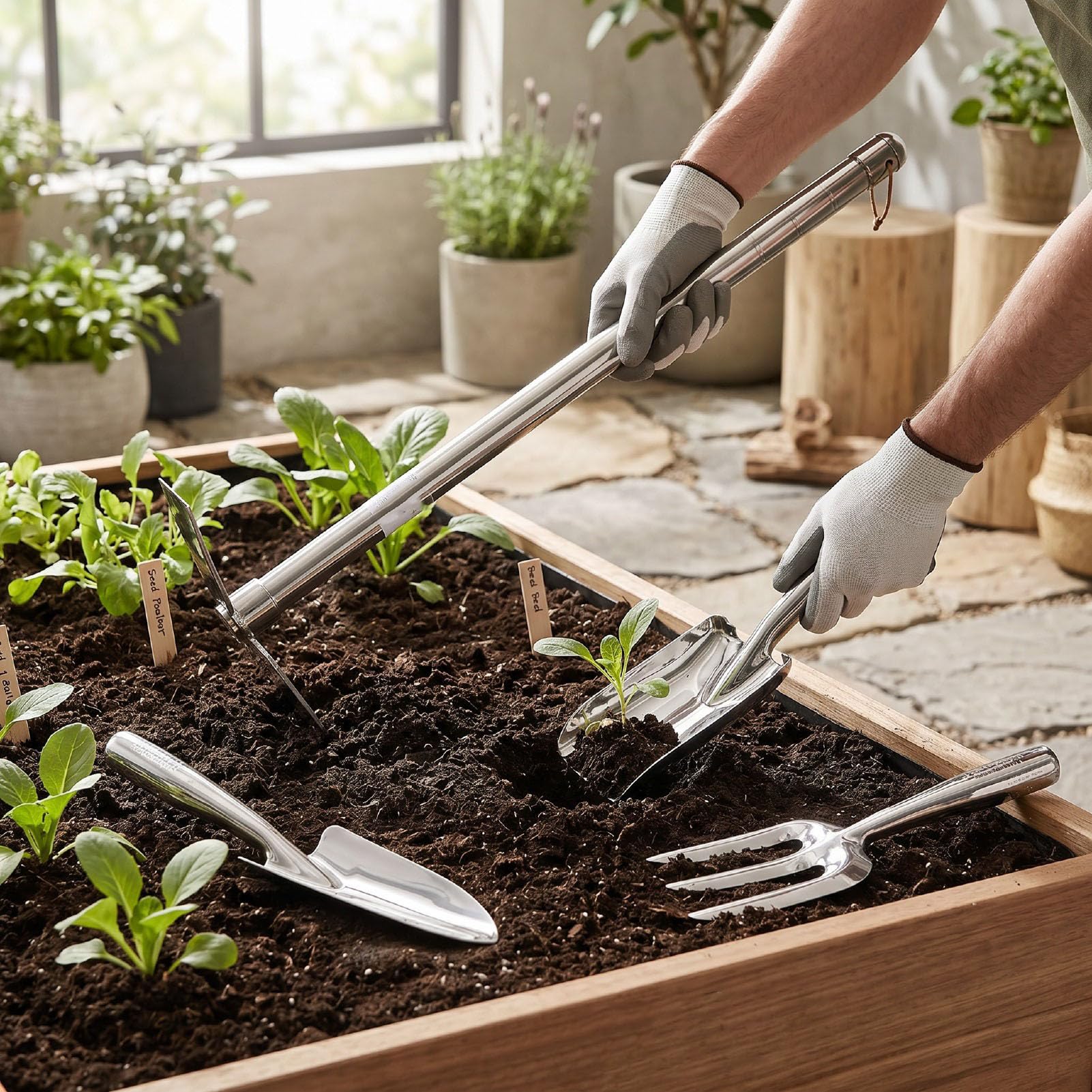 Garosa Set di 4 Attrezzi da Giardino in Acciaio Inossidabile con Manici Ergonomici Antiscivolo per Scavare, Diserbare, Piantare, Coltivare