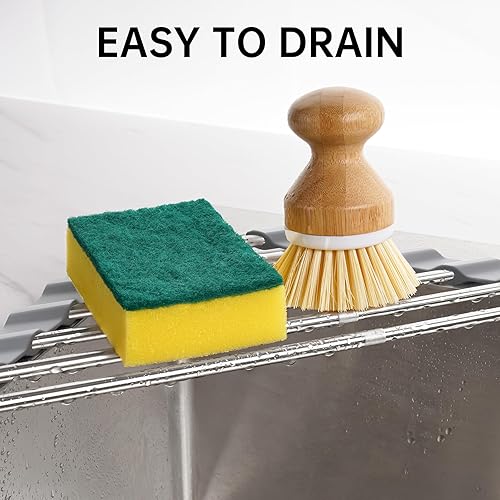 Miniatura 8 de Tomorotec Escurridor de platos triangular ajustable, plegable de acero inoxidable sobre el fregadero, organizador de almacenamiento y ahorro de