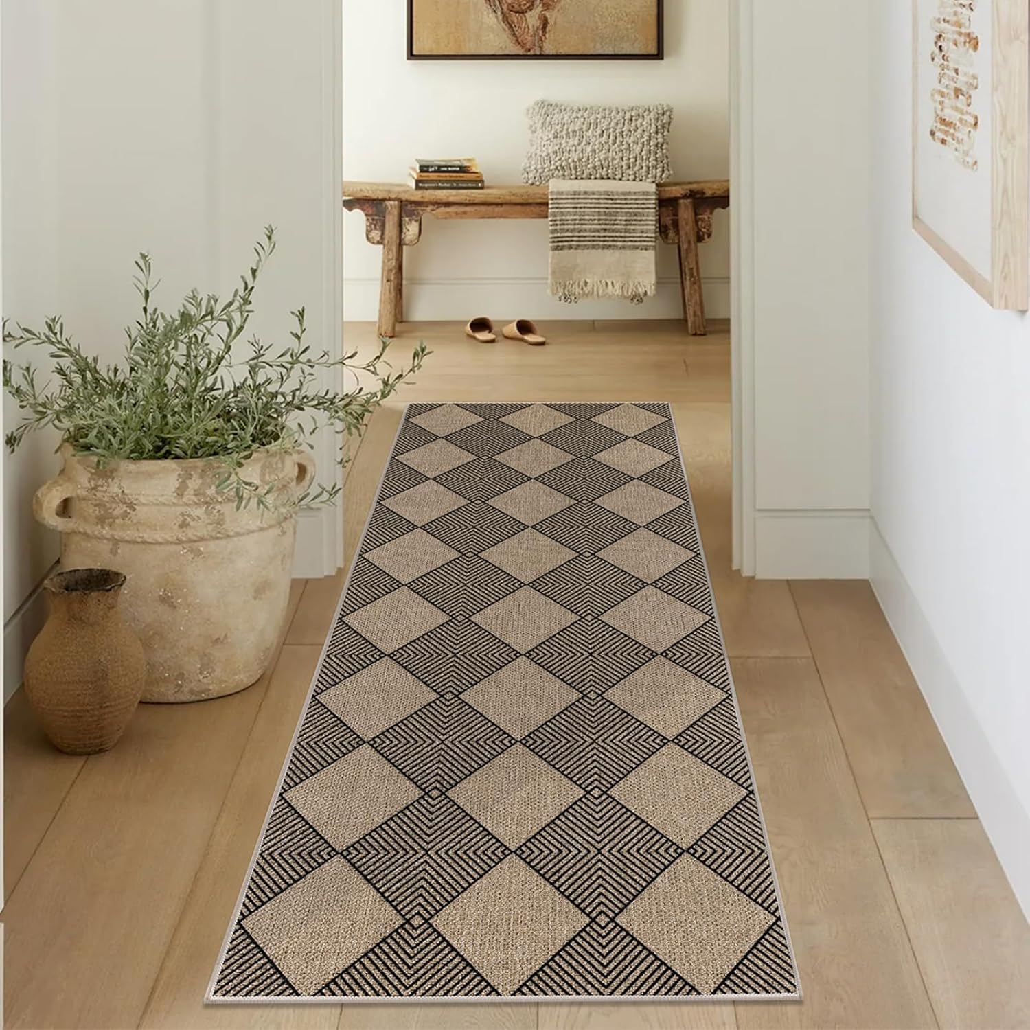 SHACOS Easy Jute 2x6 ft Washable Runner Rug Non Slip Low Pile Woven Texture Geometric Diamond Farmhouse Rug for Entryway Hallway Patio Kitchen Porch Indoor Outdoor, Black Checkered