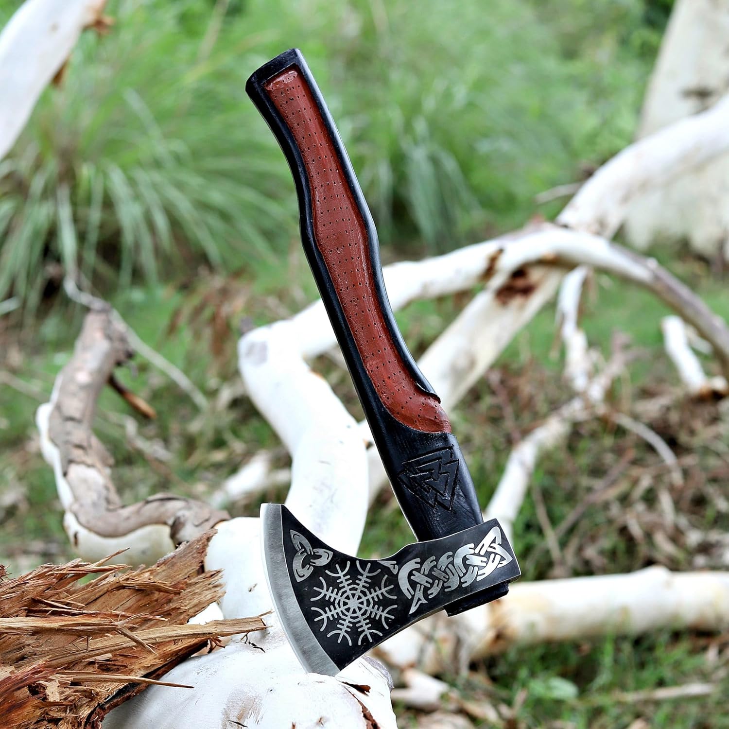 Viking Axe | 18" Carbon Steel Throwing Hatchet with Ash Wood Handle & Leather Sheath | Etched Norse Design, Functional & Collectible Gift(WCA-001)