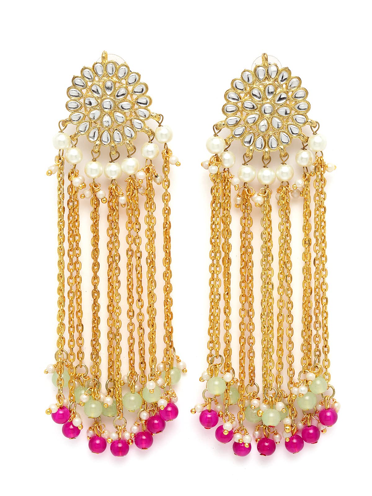 Karatcart Kundan Tassel Earrings for Women (Pink and Green Beads)