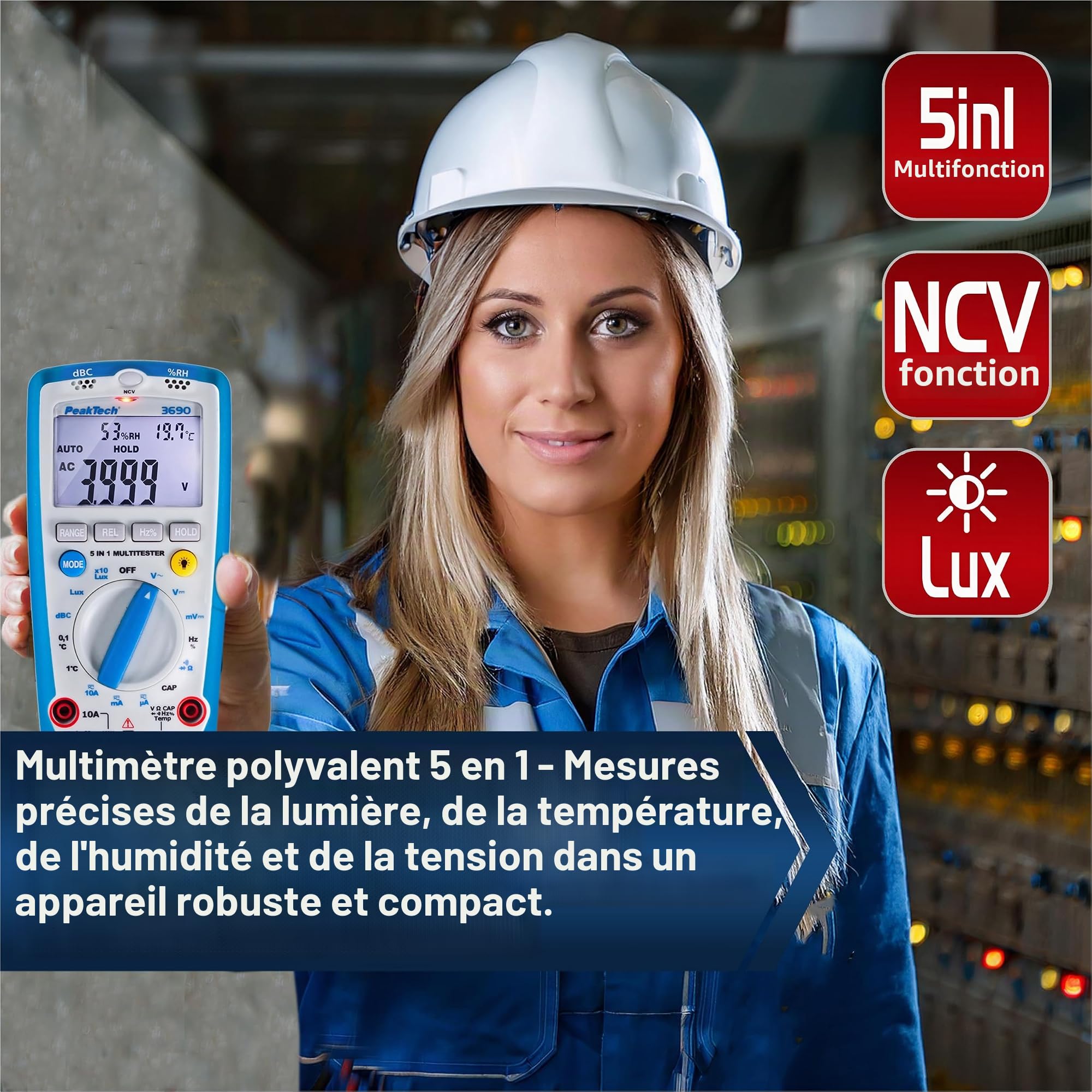 PeakTech 3690 - Multimètre Numérique 5-en-1, Luxmètre, Sonomètre, Humidimètre, Voltmètre, Thermomètre, Multimètre Manuel, Testeur de Continuité, 4000 counts - 600 V