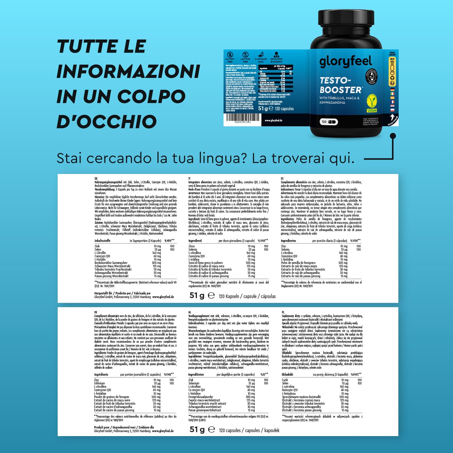 Testosterone Uomo Booster Extra, Dosaggio Ottimale, con Maca (20:1), Tribulus Terrestris (25:1), 500mg di Fieno Greco, Ginseng, Citrullina, Ashwagandha - 120 Capsule, Integratore Uomo