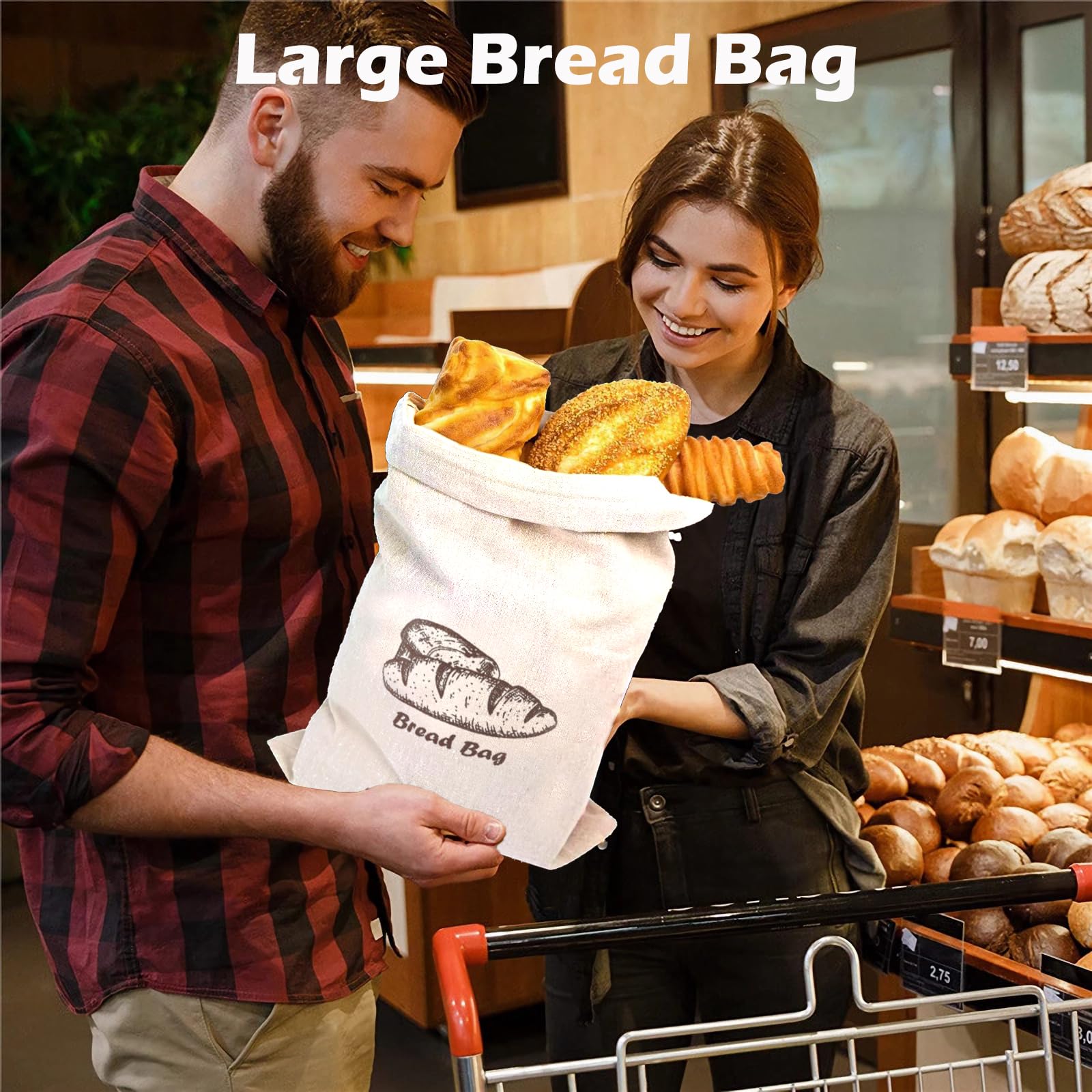 Brotbeutel mit Innenfutter, 2 Stück, wiederverwendbare Leinen-Brotaufbewahrungstaschen, 29,8 x 29,2 cm, hausgemachter Brötchenbehälter, doppelter Kordelzug-Verschluss für Obst und Baguette