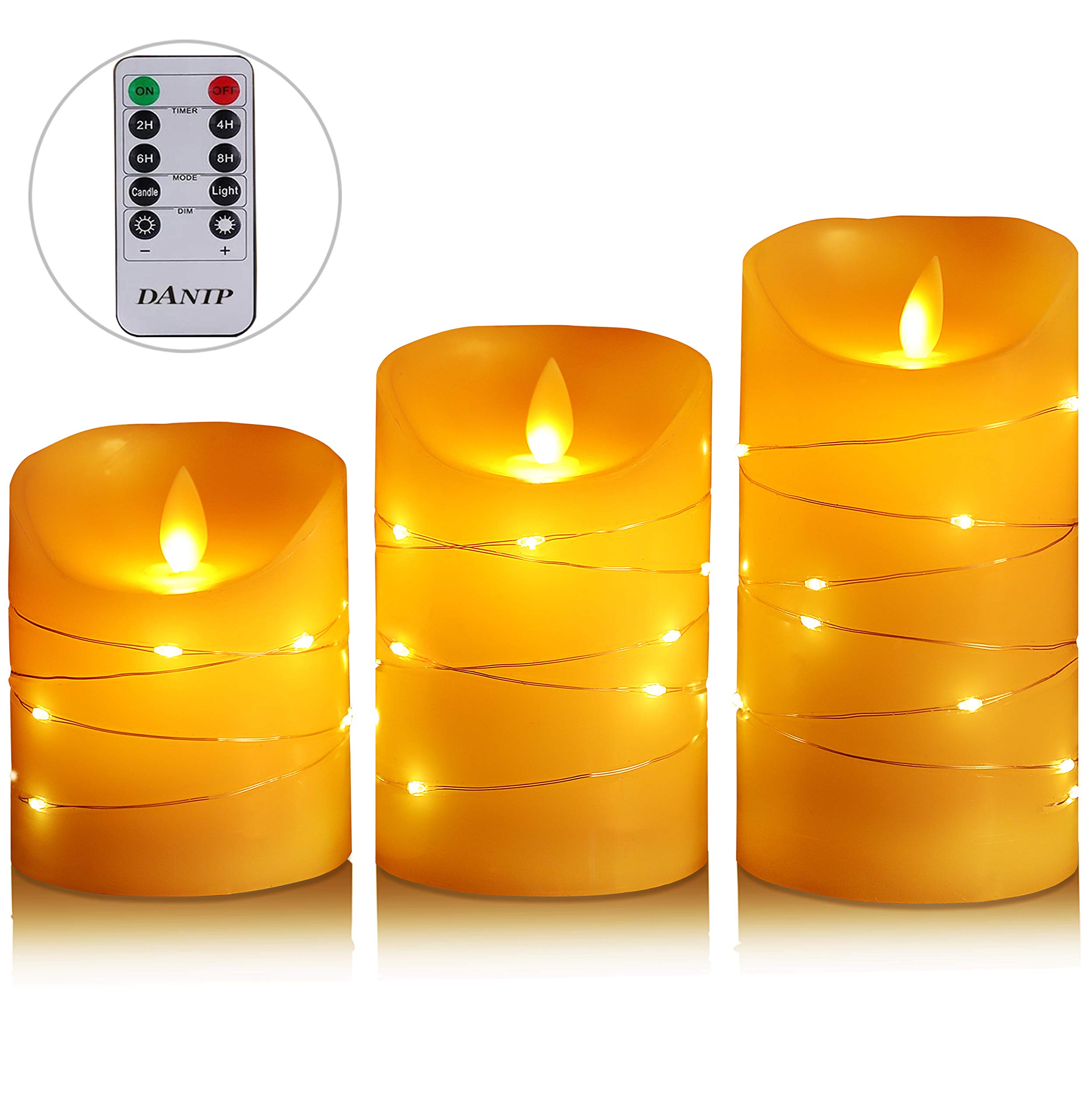 LED flameless Candle, with Embedded Fairy String Lights, 3-Piece LED Candle, with 10-Key Remote Control, 24-Hour Timer Function, Dancing Flame, Real Wax, Battery-Powered. (Ivory White)