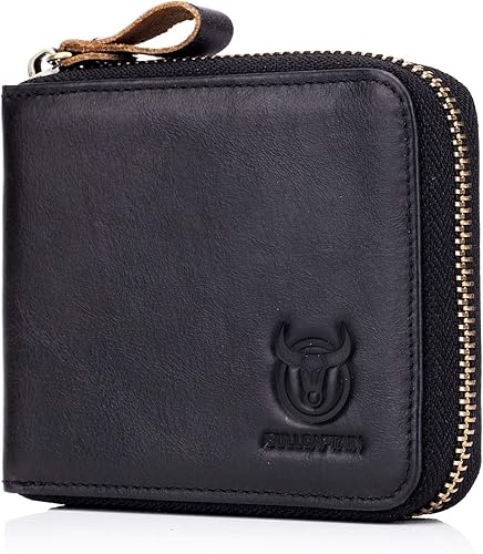 BULLCAPTAIN Cartera de cuero genuino con cremallera para hombre bloqueo RFID cremallera segura y plegable alrededor de carteras cartera con