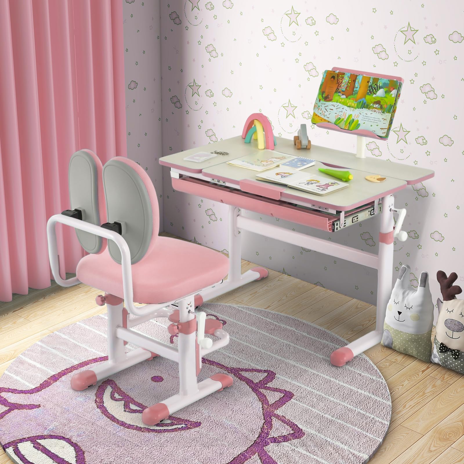 COSTWAY Tavolo di Studio per Bambini 3-12 Anni, Tavolino Regolabile in Altezza con Piano Inclinabile, Libreria e Cassetta di Archiviazione, Ideale per Disegno (Pink)