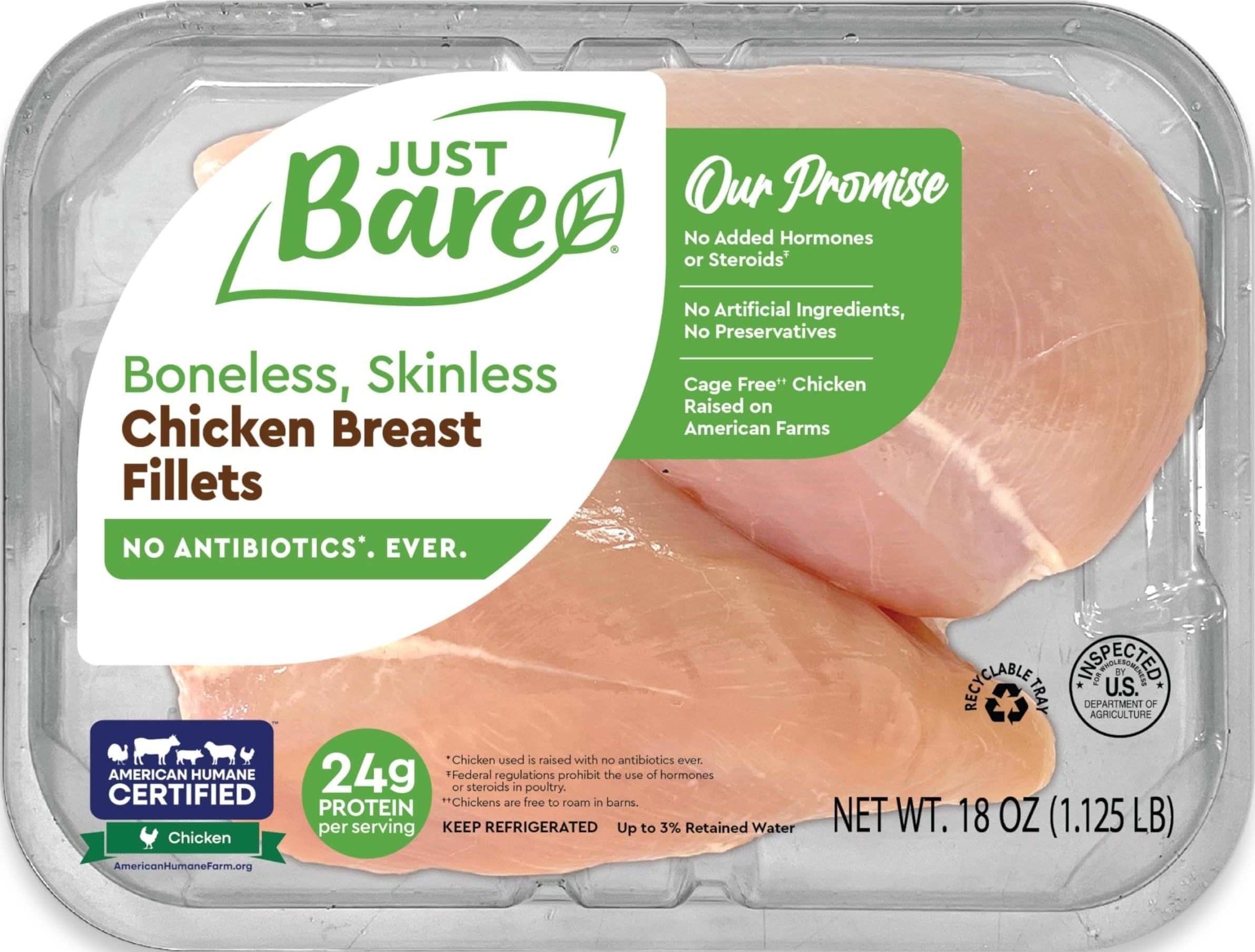 Just Bare® Natural Fresh Chicken Breast Fillets | No Antibiotics Ever | Boneless | Skinless | 1.125 LB