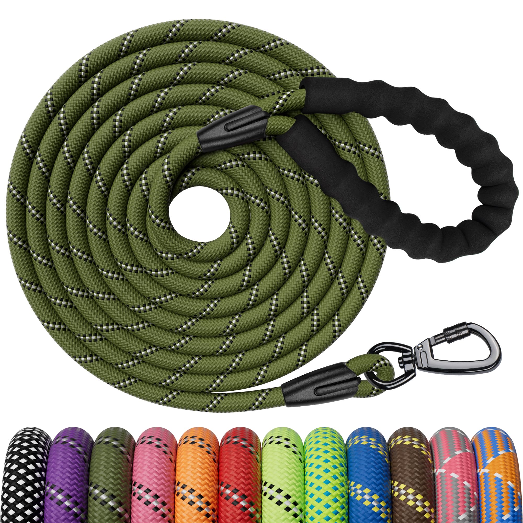Kdsvakd Long Rope Dog Lead, 5m / 16ft, ArmyGreen, Checkered Pattern, 8mm Diameter, Medium & Large Dog Breed