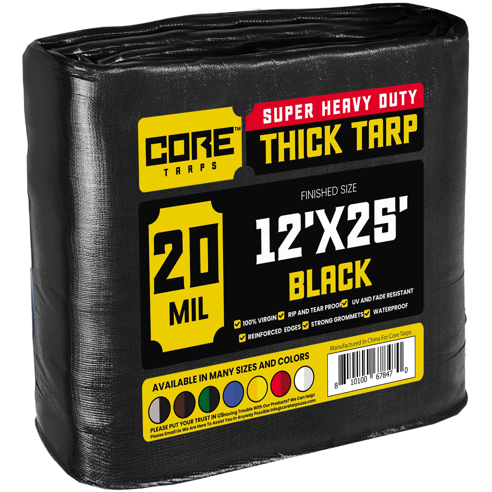 Core Tarps Extreme Heavy Duty 20 Mil Tarp Cover, Waterproof, UV Resistant, Rip and Tear Proof, Poly Tarpaulin with Reinforced Edges for Roof, Patio, Pool, Boat (Black 12′ X 25′)
