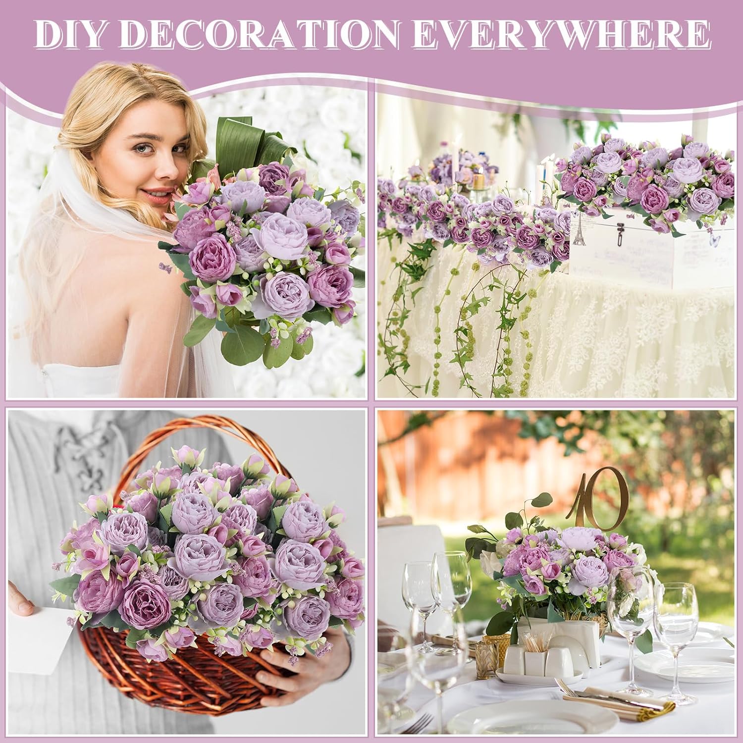 8 Bundles Artificial Peonies Flowers Boho Faux Flowers Arrangements Artificial Centerpiece Spring Bouquet Floral Wedding Decoration for Vase(Purple) - Image 4