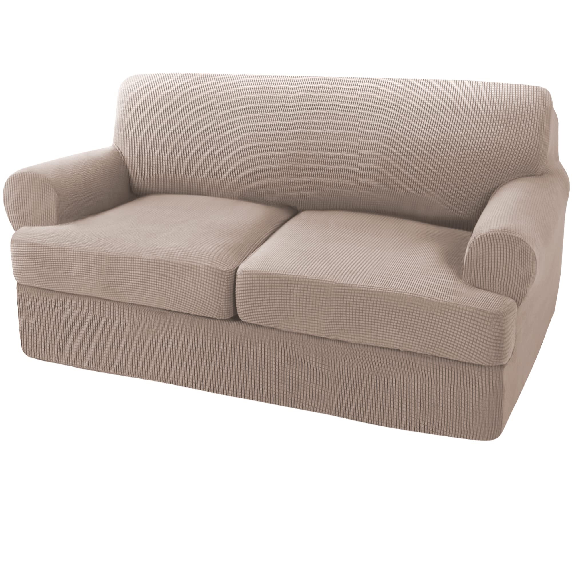 3 Pieces Sofa Covers T Cushion Sofa Slipcovers for 2 Cushion Couch Cover Sofa Slip Cover Furniture Covers with 2 Individual T Cushion Seat Covers, Machine Washable (2 Cushion Loveseat, Sand)