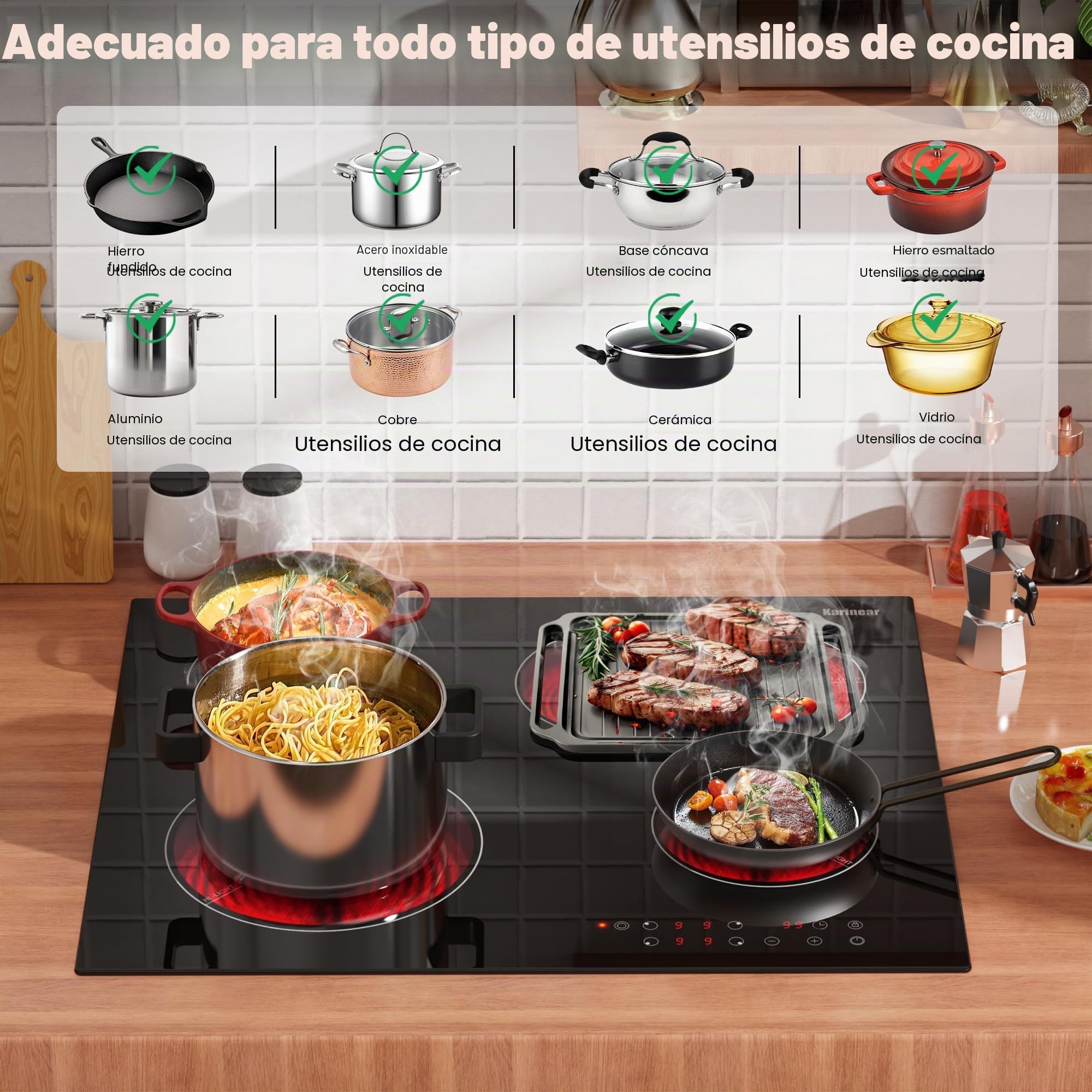Karinear Placa Vitrocerámica 4 Fuegos, 60cm Placa Cocina con a Ampliar Placa Cocción Eléctrica, Vitroceramica Encastrable 6600W, Control Temporizador, Sin Enchufe | Vitroceramica Encastrable 6600W, Temporizador, Bloqueo de Seguridad Para Niños, Ampliación