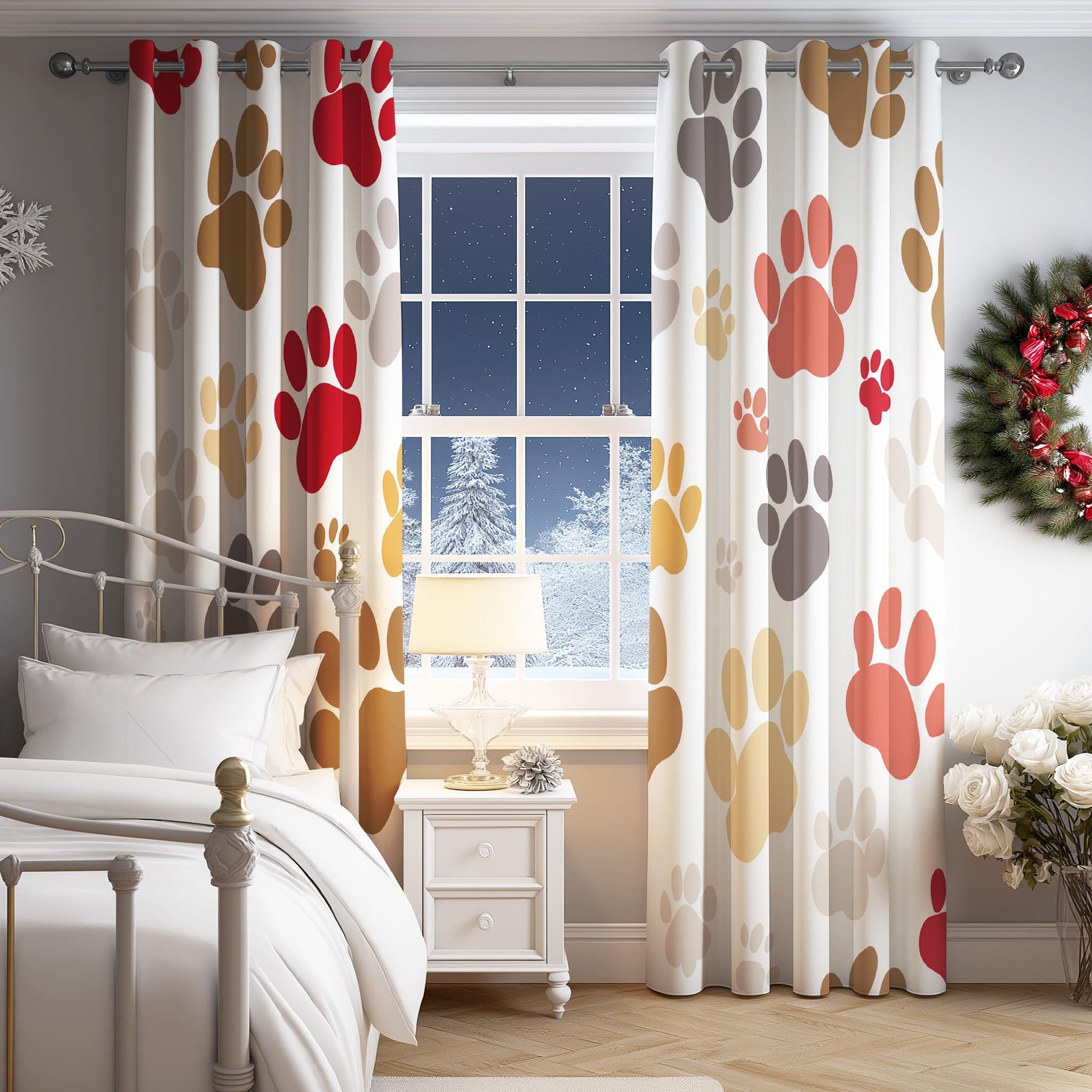 132An x 228Al CM Cortinas filtrantes de luz para Habitaciones Infantiles Simple Dibujos Animados Huellas Patrón Bolsillo para Barra Cortinas para Vivero Jardín de Infancia 2 Panel Blanco