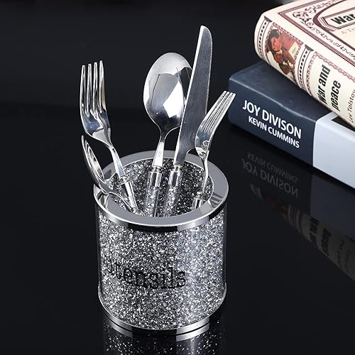 Miniatura 2 de Lmaray Vajilla plateada de cristal para utensilios, lata de almacenamiento de utensilios brillantes, organizador de cilindros con marco de metal