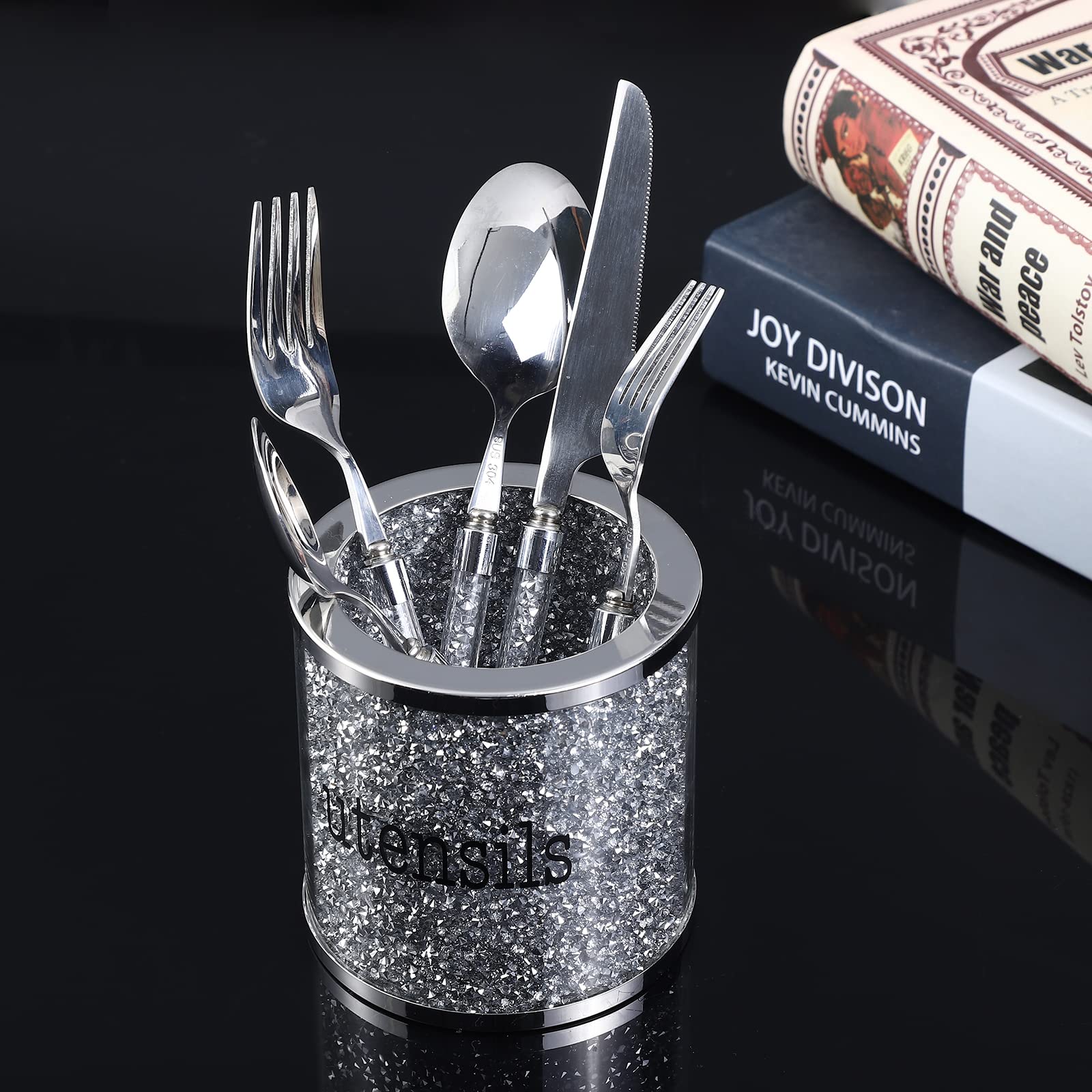 Lmaray Crystal Glass Silver Utensil Crocks, Bling Utensil Storage Tin, Metal Frame Cylinder Organizer for Countertop, Glass Storage Can for Kitchen, Home Decor