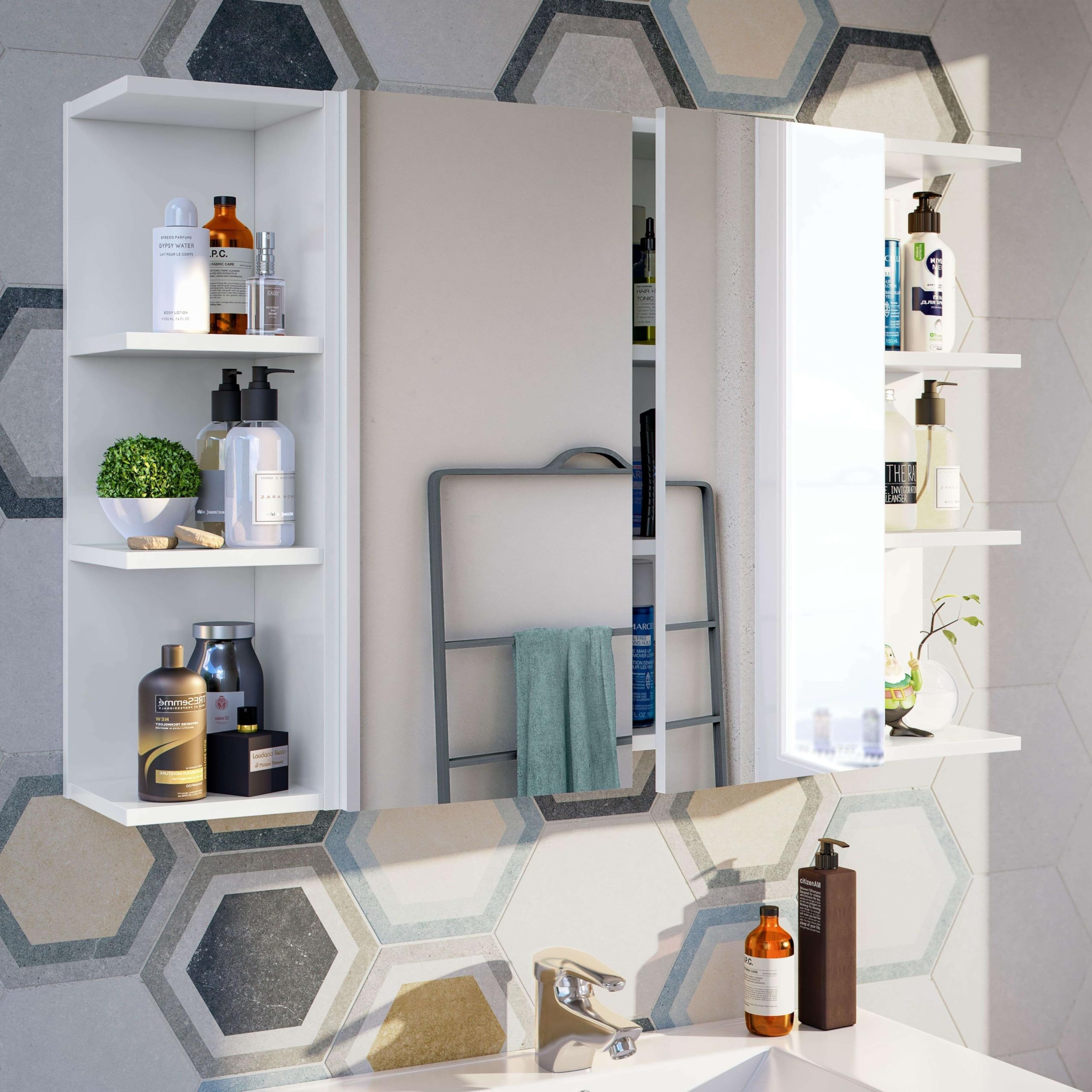 ARKITMOBEL Mueble Camerino Dos Puertas para Baño, Modulo con Espejo y Estantes, Acabado en Blanco Brillo, Medidas: 60 cm (Ancho) x 65 cm (Alto) x 21 cm (Fondo)
