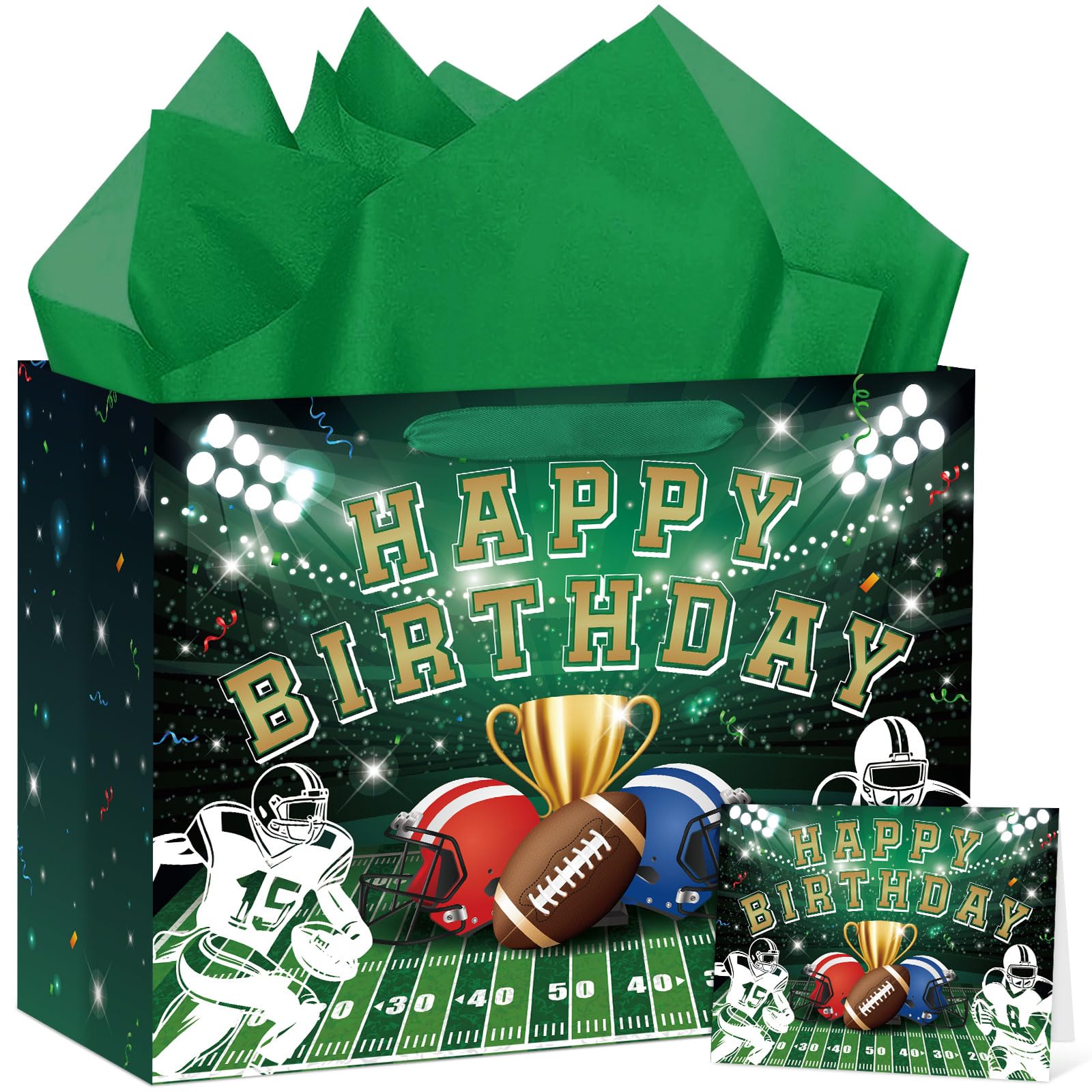 Hooqict Large Football Gift Bag with Handles, Tissue Paper and Greeting Card Football Birthday Party Gift Wrapping Bag for Boys Men Sport Themed Goodie Treat Party Favors