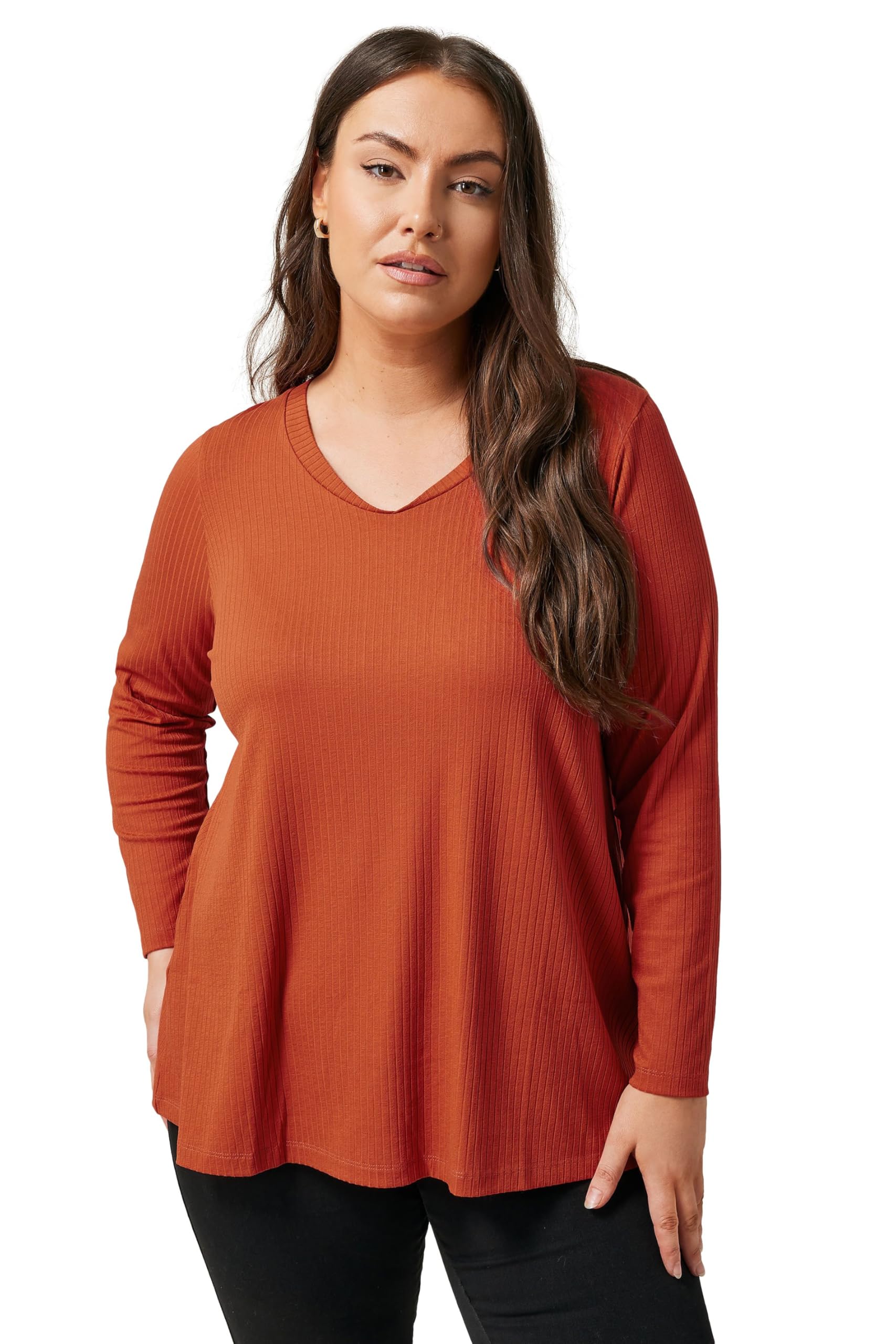 Evans Women's Orange Curve Rust Premium Ribbed Modal Blend Swing Top - Plus Size Curve