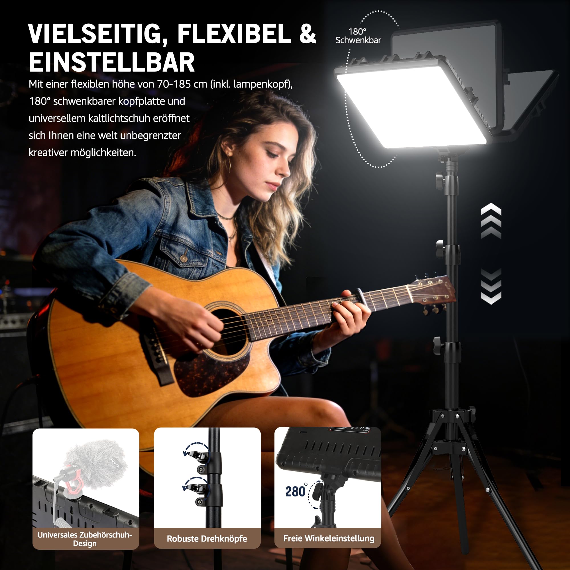 Video Licht, 2-25x20 cm 25W LED Studio Fotolicht Set, Dimmbares 2800–7000K Fill-Licht für Video/Streamen von Selfies/Porträts im Innenbereich, 185cm Kamera Licht mit Stativ & Adapter，CRI>97 (25W)
