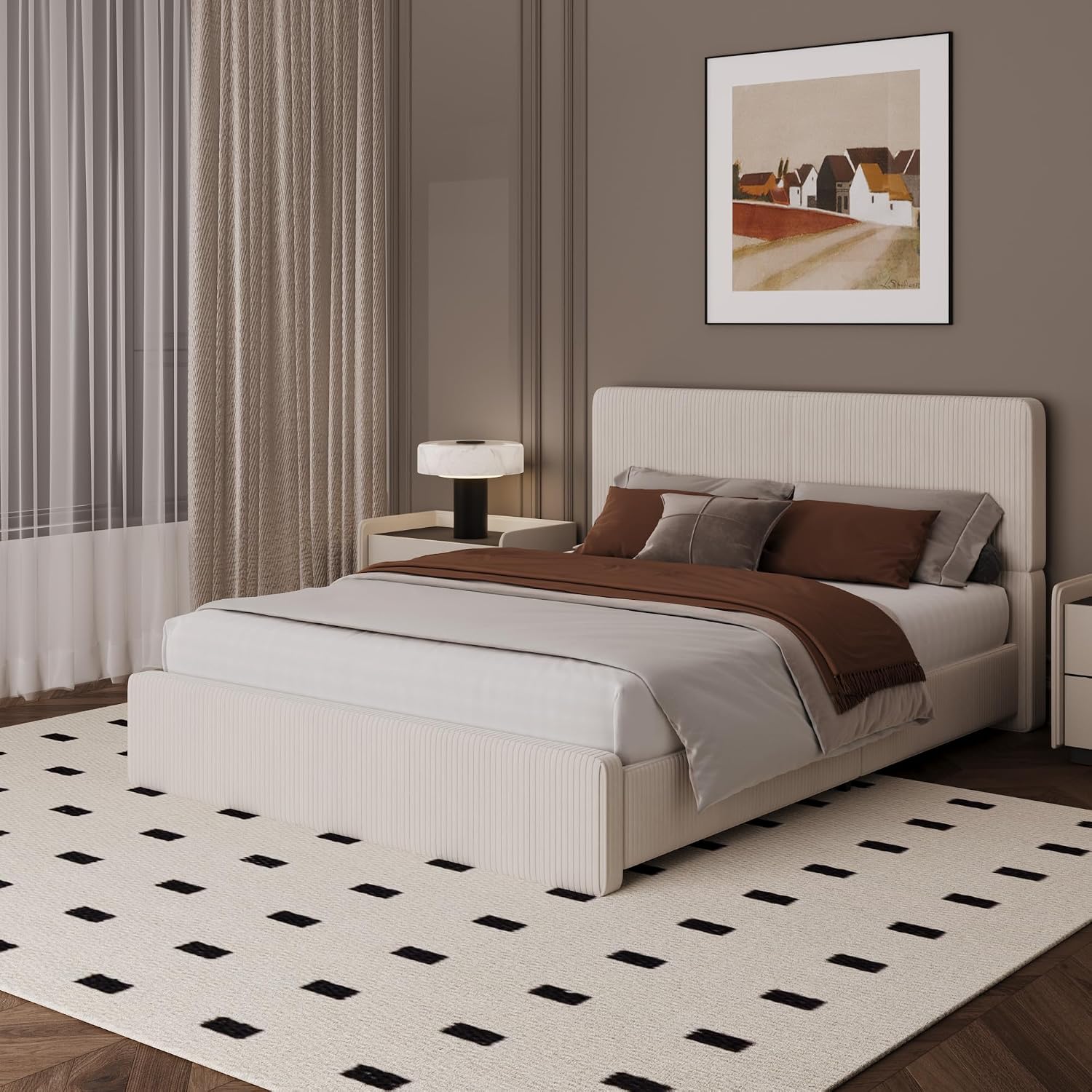 Takywep Queen Bed Frame with Headboard, Fully Corduroy Upholstered Platform Bed Frame, Noise-Free Design, Strong Wooden Slats Support, Easy Assembly Excludes Box Spring (Corduroy White)