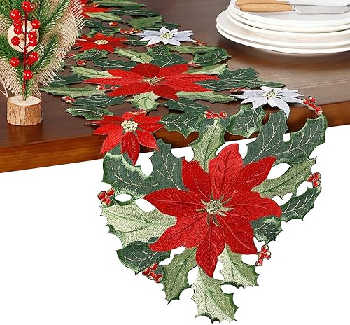 Miniatura 2 de GRANDDECO Camino de mesa navideño para fiestas de granja bordadas con flores rojas de Navidad, bufandas, decoración de mesa para el hogar, cocina,