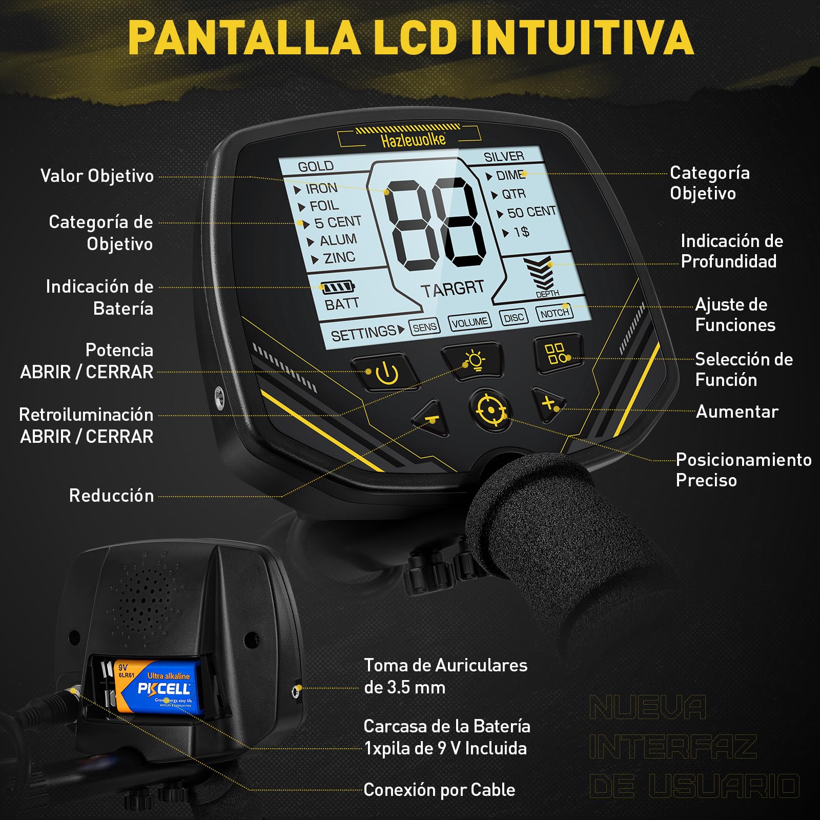 Hazlewolke Detector de Metales con Bobina de Búsqueda de 14'' Grande Doble D Impermeable,4 Modos,Alta Sensibilidad y Localización,Detector de Metales Profesional con Pantalla LCD Retroiluminada - DD90