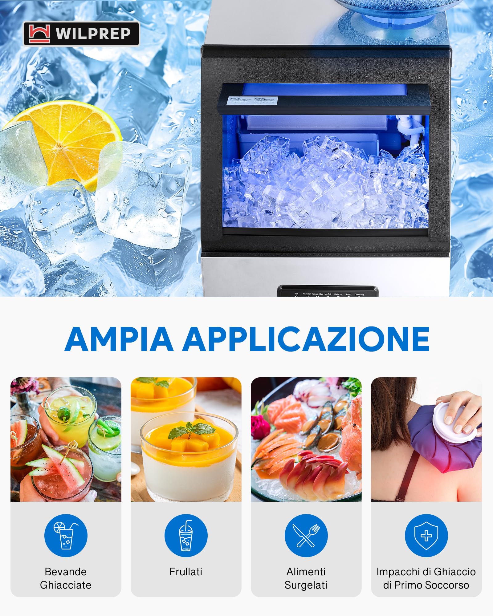 Wilprep 480W Macchina per Ghiaccio Commerciale 73kg/24h Fabbricatore Ghiaccio con Schermo LCD Macchina di Ghiaccio in Acciaio Inossidabile per Casa, Ufficio, Ristorante, Bar, Caffetteria (45 Pezzi)