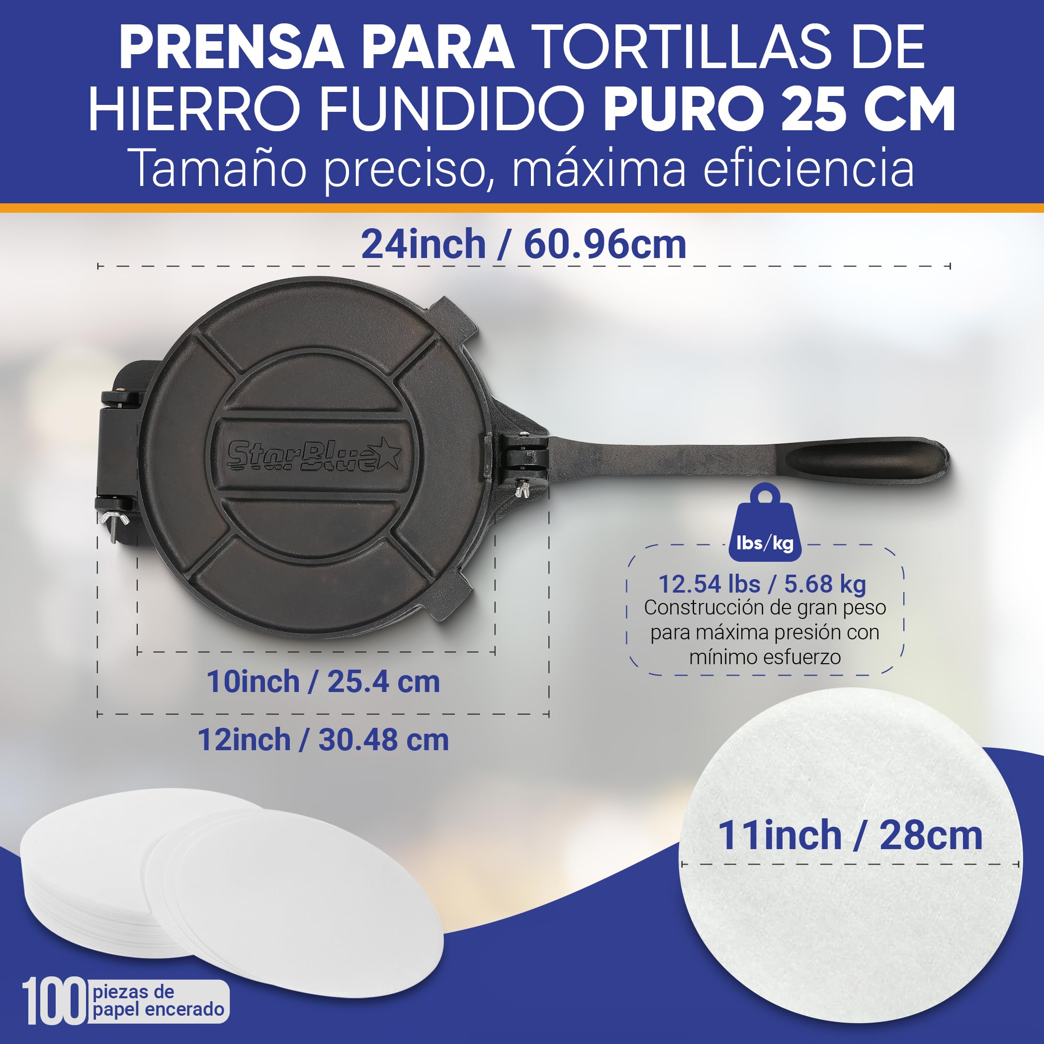 StarBlue - Prensa Para Tortillas En Hierro, 25 Cm De Diámetro, 100 Piezas De Papel Engrasado Y Libro Electrónico De Recetas, Ideal Para Hacer Chapatis, Tortillas Y Rotis Indios