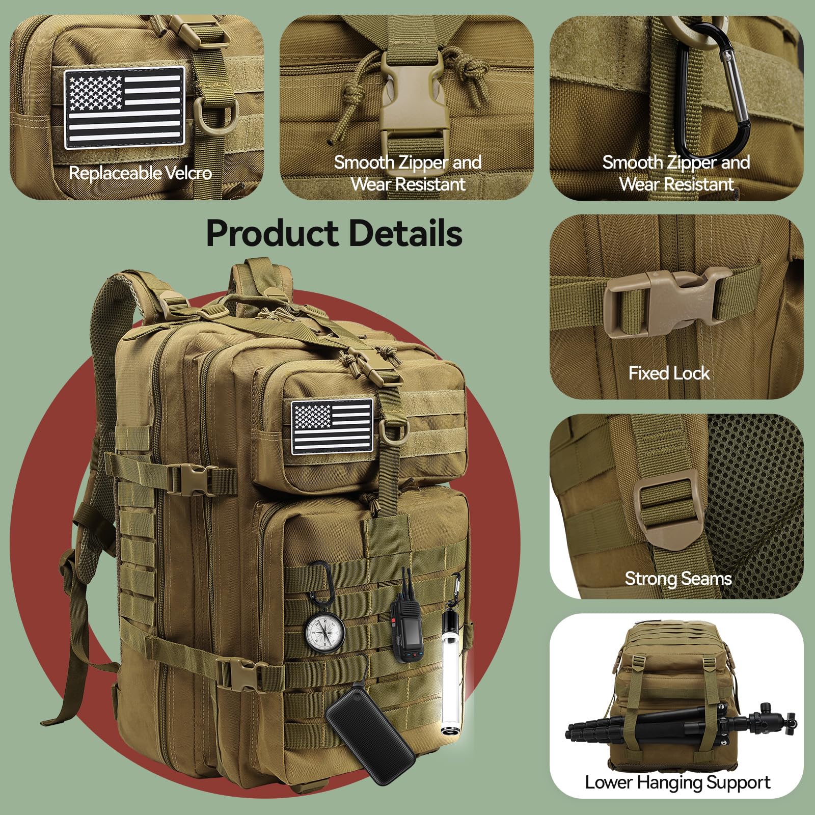 Delgeo Mochila Tactica 45L Militar, Gran Capacidad 45 * 30 * 20cm Mochila Crossfit, Plegable Impermeable Mochila Para Montañismo,Senderismo,Camping y Viajes (Caqui) ASIN