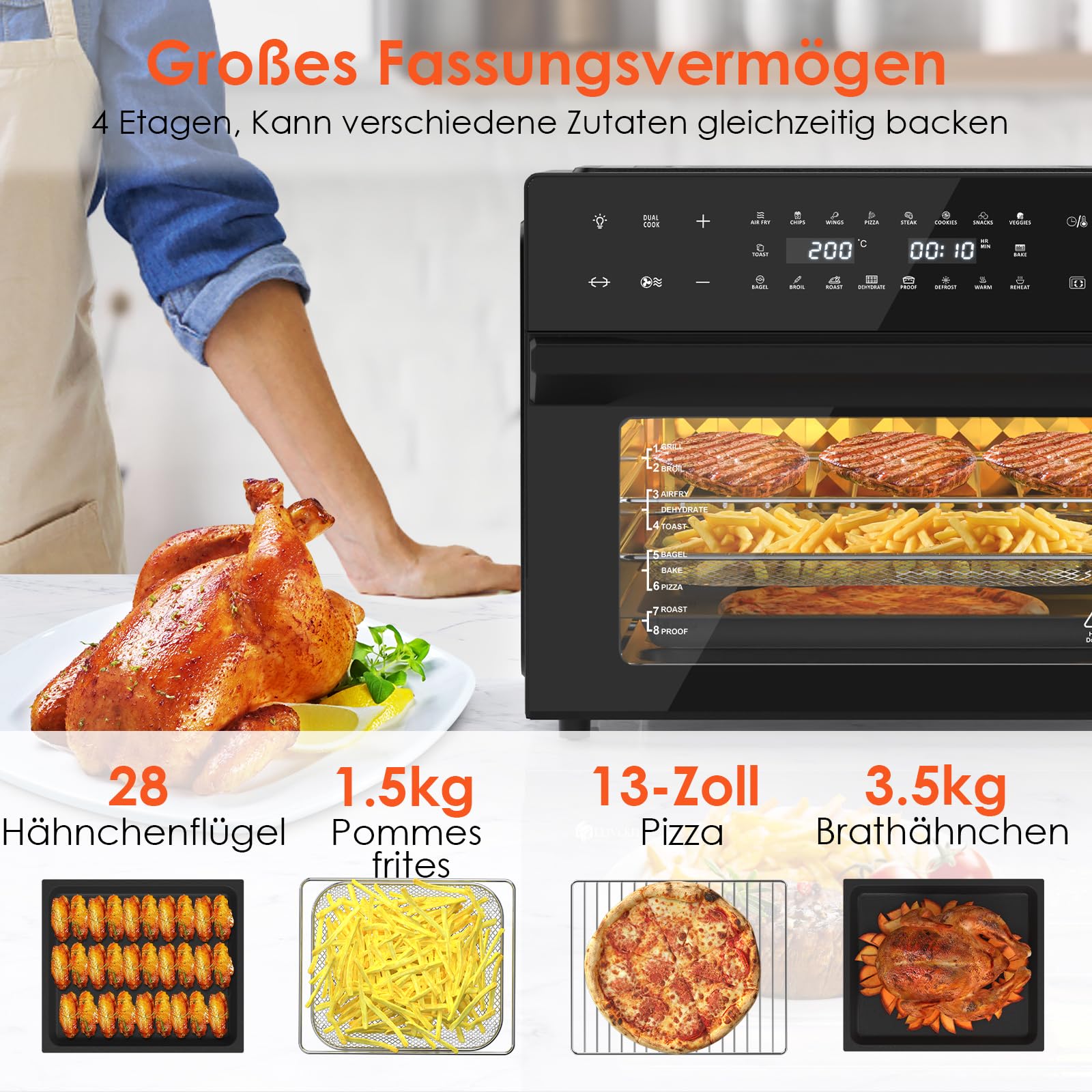 LLIVEKIT 30L Heißluftfritteuse XXL, Minibackofen Umluft mit 20 Programme und 9 Zubehör, Mini Backofen mit LED-Touchscreen, Airfryer Oven ohne Öl mit Sichtfenster, Zwei Kochmodi, Rezeptbuch, 80°C-230°C