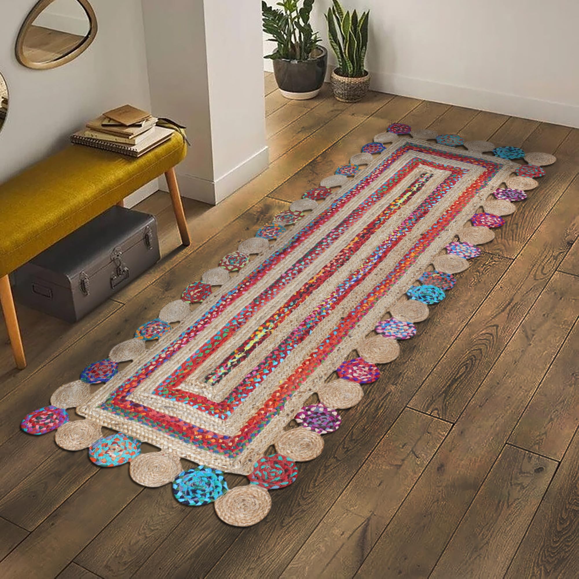 Chindi Baumwoll-Jute-Läufer, 6,6 x 61 cm, gewellter Läufer, mehrfarbig, Umhang-Design, dick, 0,7 cm, geflochtener Teppich, Flachgewebe, Läufer, Teppiche für Küche, Nachttisch, Yoga-Matte
