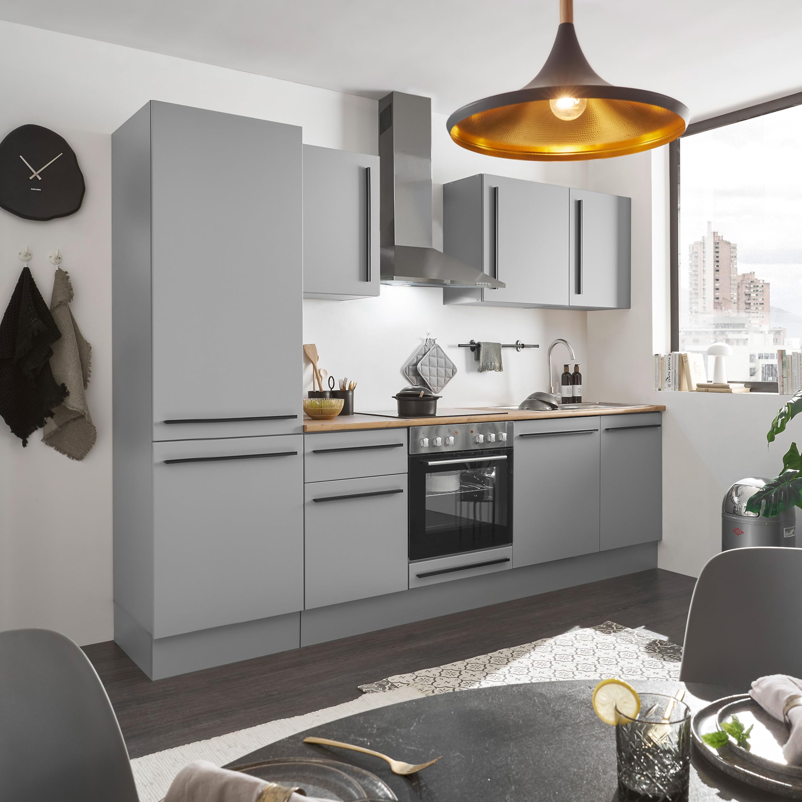 Denver Moderne Küchenzeile mit Elektrogeräten in Grau, Lancelot Eiche Optik - Geräumige Einbauküche mit viel Stauraum - 280 x 211 x 60 cm (B/H/T)