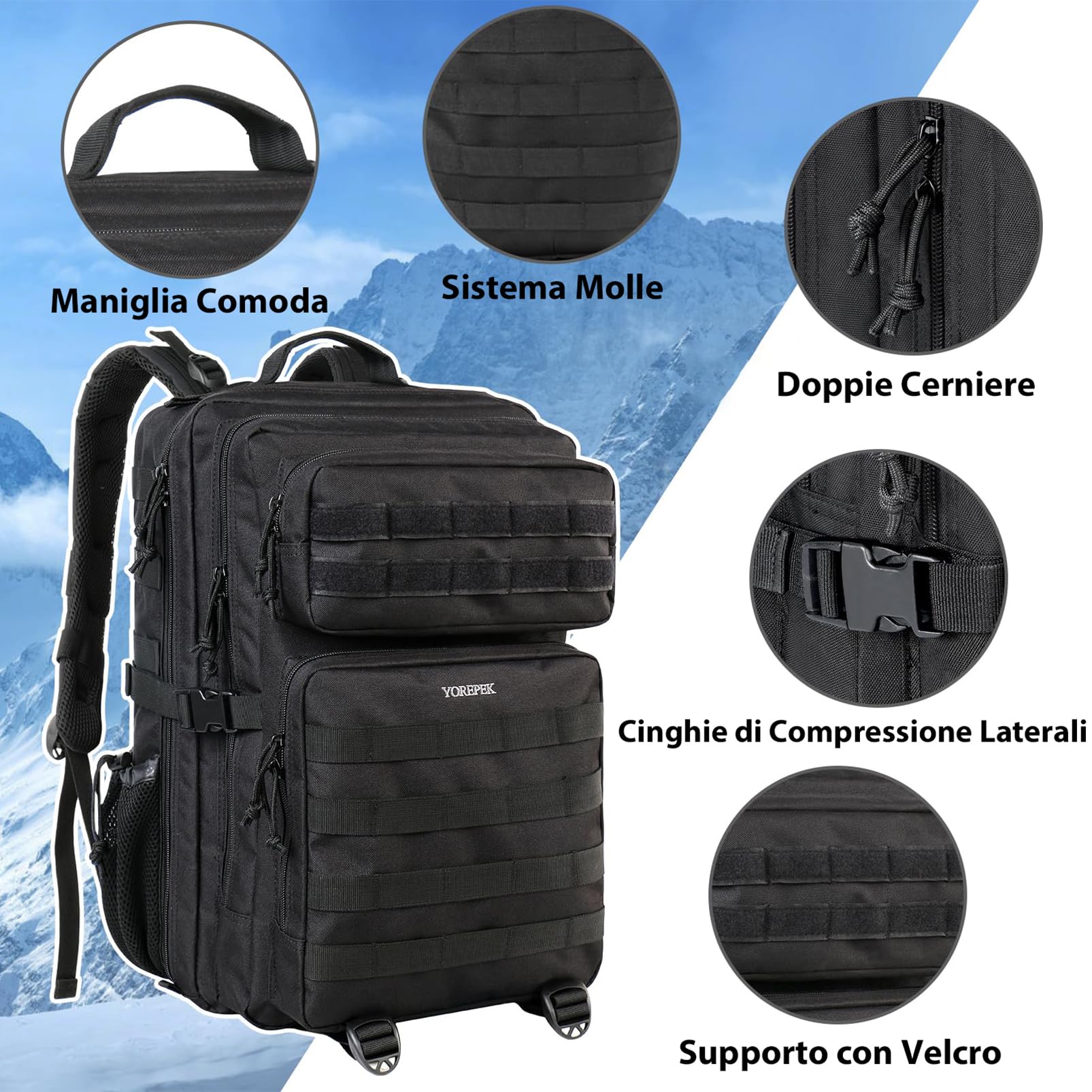 YOREPEK Zaino Tattico Militare, Grande zaino 50 Litri, Zaini Multifunzione | Zaino Tattico 50L, Zaino Molle Professionale Impermeabile per Lungo Viaggio, Caccia, Escursionismo, Campeggio, Patrol, Nero