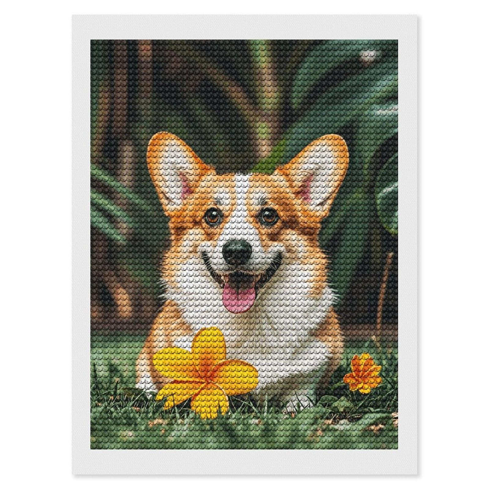 DWVTSLH Tropical Flower and Corgi Diamond Painting Kits for Adults, Personalized Diamond Photo Art Full Drill, DIY 5D Diamond Art Painting Kits for Beginners, Home Wall Decor 12"x16"