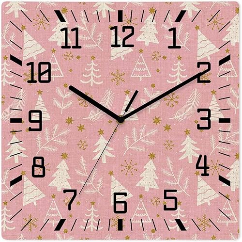 Miniatura 11 de Reloj de pared de madera con árbol de Navidad, silencioso, sin tictac, de invierno, hoja de pino, copo de nieve, reloj de pared cuadrado rojo, Rojo