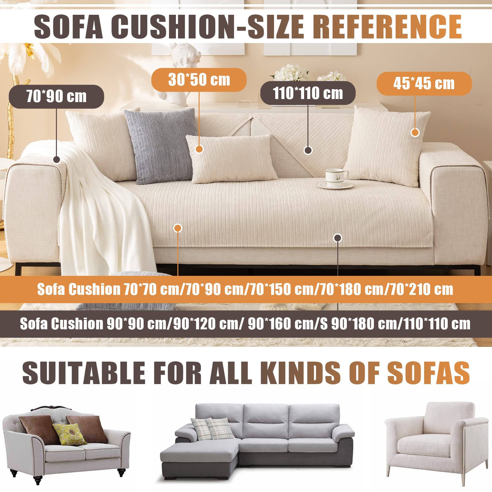 Topchances Chenille Sofa Cover 1 2 3 Seater,Washable Sofa Slipcovers Non-Slip Seat Cushions with Silicone Particles All-Seasons Apply to Pet Living Room Cushions(Off White,70x150cm 1 Piece) - Image 2