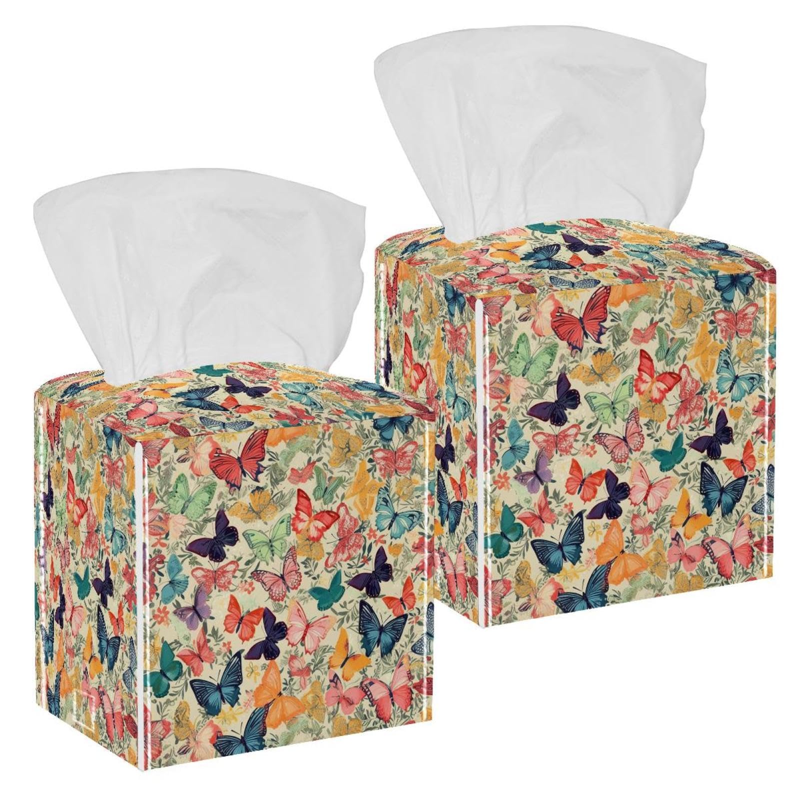 Aesthetic Butterflies Tissue Box Cover, 2 Pack PU Leather Square Facial Tissue Dispenser Box holder for Home Office Car