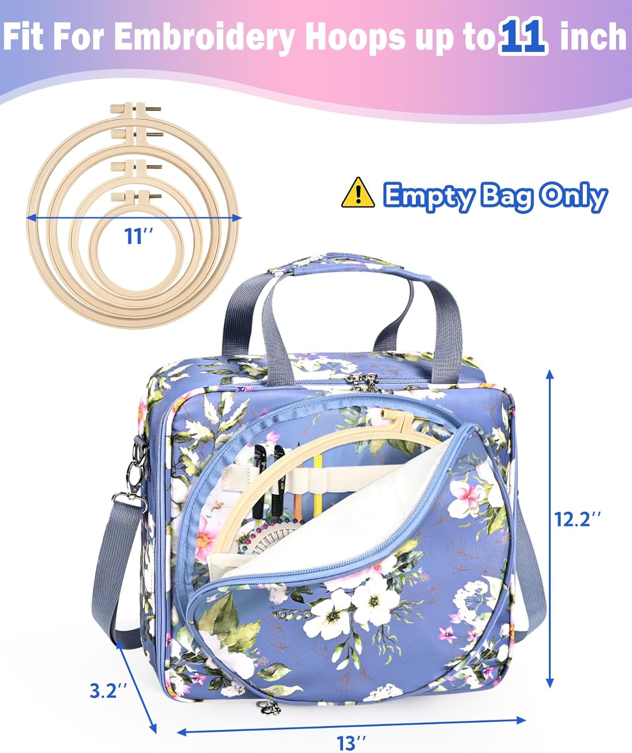 Telawsfun Embroidery Project Bag Organizer, Embroidery Supply Storage Bag with Removable Binder, Portable Carrying Tote for Thread Tools and Accessoriess, Bag Only (Flower)