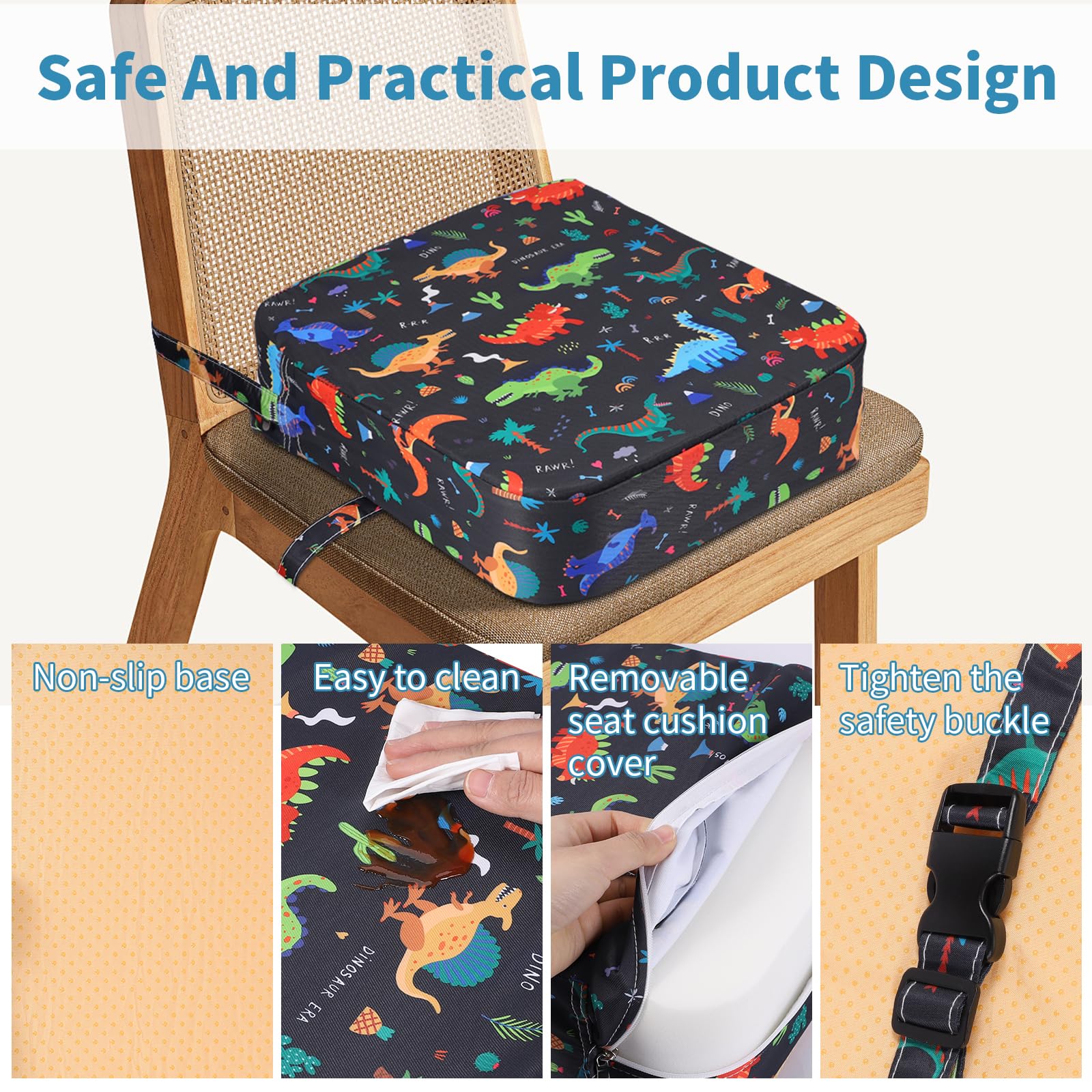 Rialzo Sedia Bambini 8cm, con 2 Cinghie di Sicurezza Anti-Scivolo, Protezione Lavabile, Portatile in Schiuma ad Alta Densità, per Mangiare, Suonare il Pianoforte, Viaggi (Dinosauri Neri) - 4