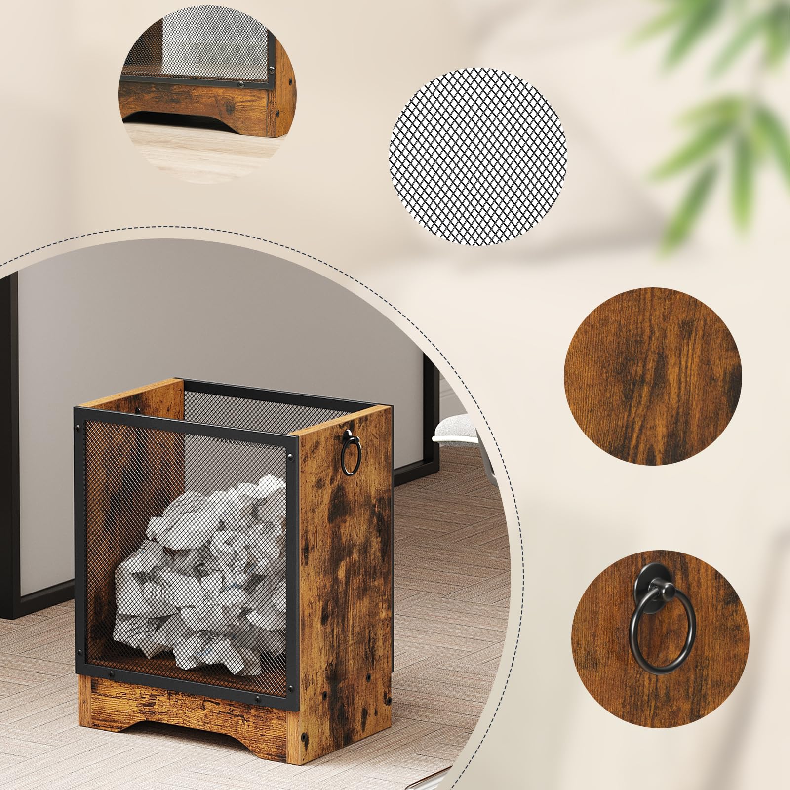 HOOBRO Papelera Vintage de Malla Metálica y Estructura de Madera, Cubo de Basura Rectangular Retro, Asas Laterales y Base Elevada, para Oficina, Sala y Dormitorio, Marrón Vintage y Negro EBF06LJ01G1
