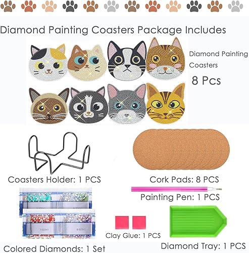 Miniatura 7 de TDOOW Portavasos de arte de diamantes para gatos, 8 piezas de posavasos de pintura de diamantes con soporte y almohadillas de corcho, suministros de