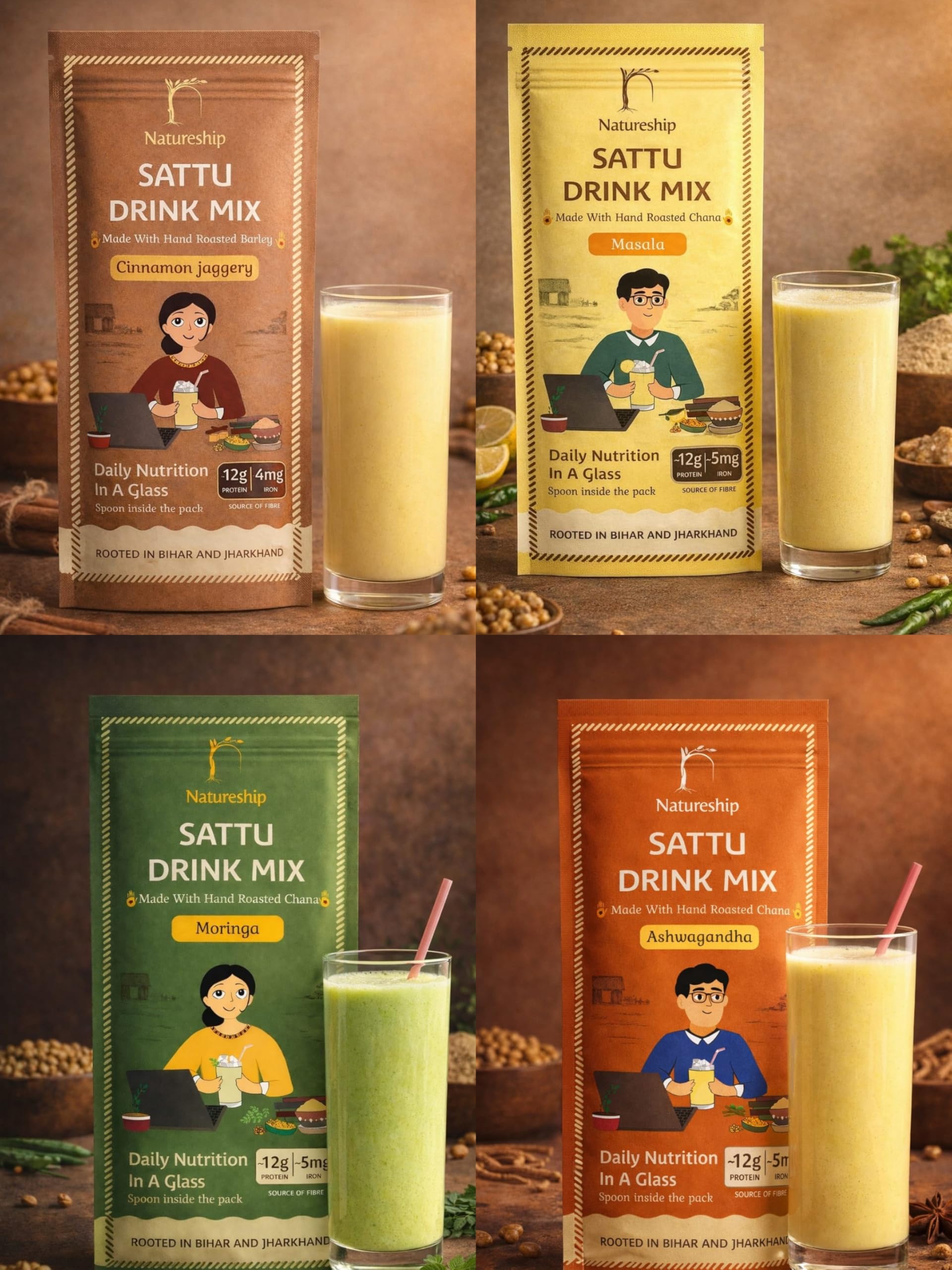 Natureship Natural Everyday Health Drink Assorted Pack | Instant Sattu Drink Mix – Masala, Ashwagandha, Moringa, Jaggery & Cinnamon | High Protein, No Preservatives | 4 Flavours-image-22