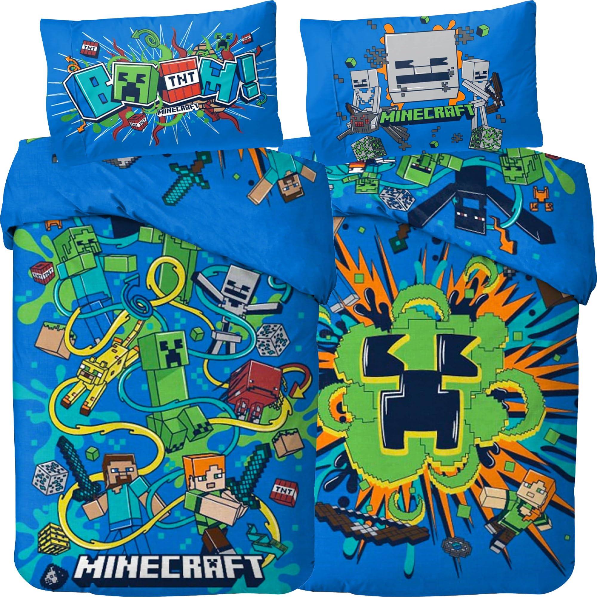Minecraft Bettwäsche Slurp/Blast 135x200 cm + 80x80 cm 100% Baumwolle Biber Flanell Wendemotiv weich warm Winter Kinderbettwäsche Creeper Steve Alex YKK Reißverschluss Geschenk