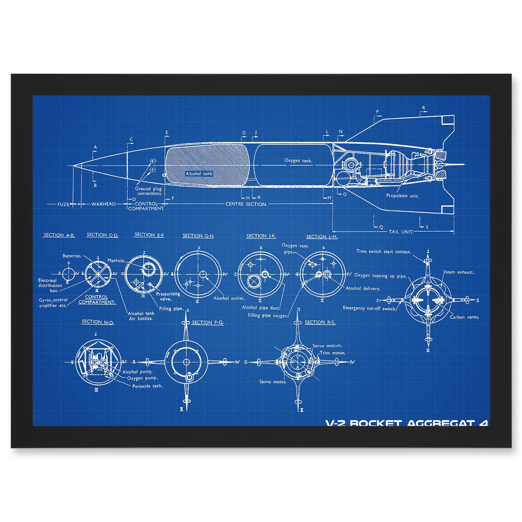 Artery8 Military V-2 Rocket Aggregat 4 Ballistic Missile Blueprint Plan Artwork Framed Wall Art Print A4