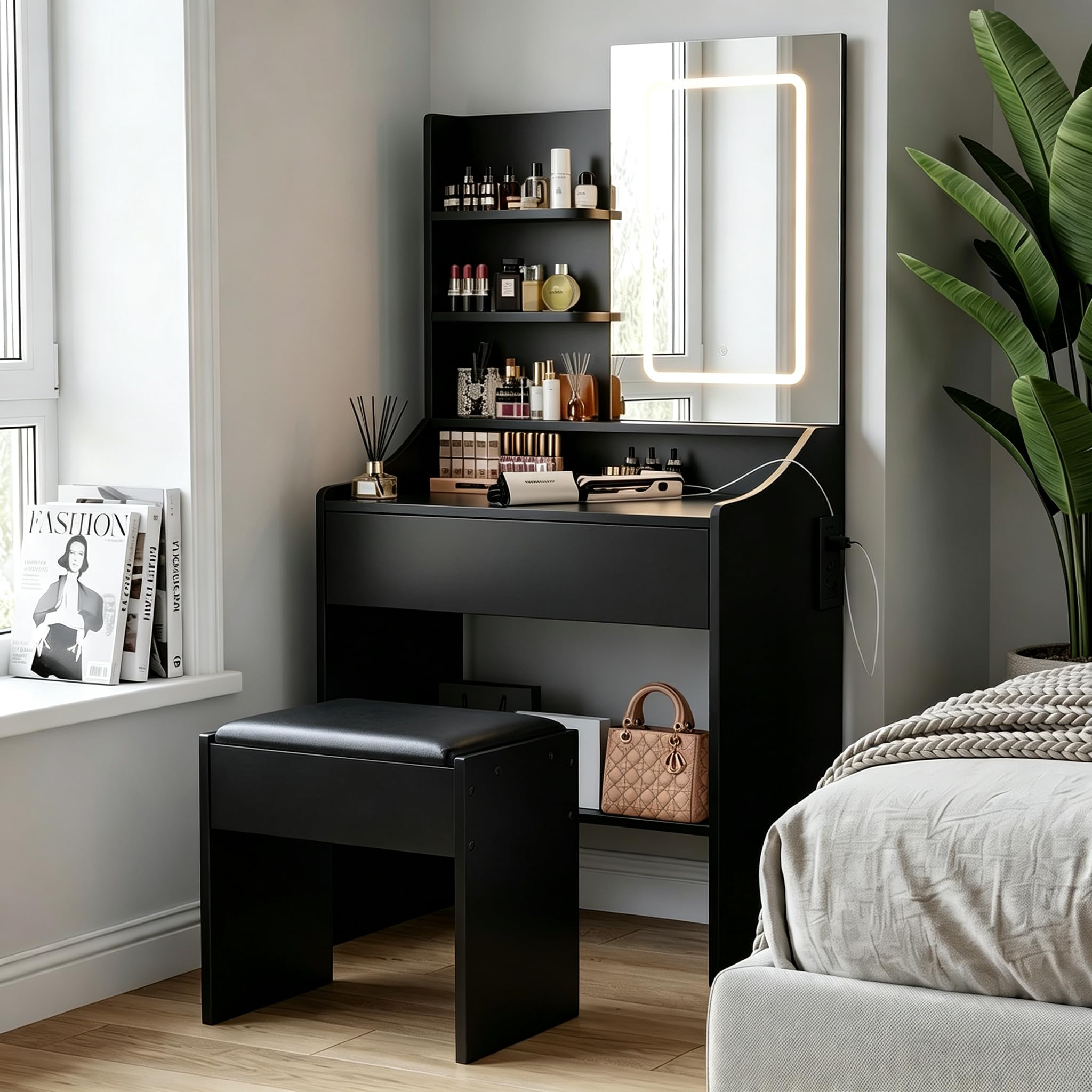 Dressing Table,Black Vanity Makeup Table with Mirror & Stool for Bedroom