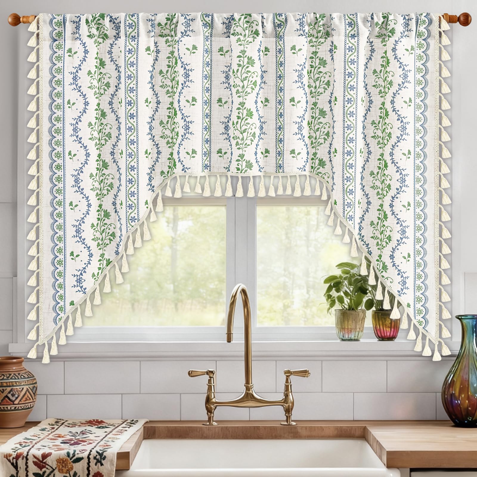 Yinhua Boho Swag Valance Curtains Vintage Linen Valances for Windows Light Filtering Floral Kitchen Valance Rod Pocket Rustic Tassel Window Valances for Bathroom Cafe, 60" W x 36" L, Blue Green Floral