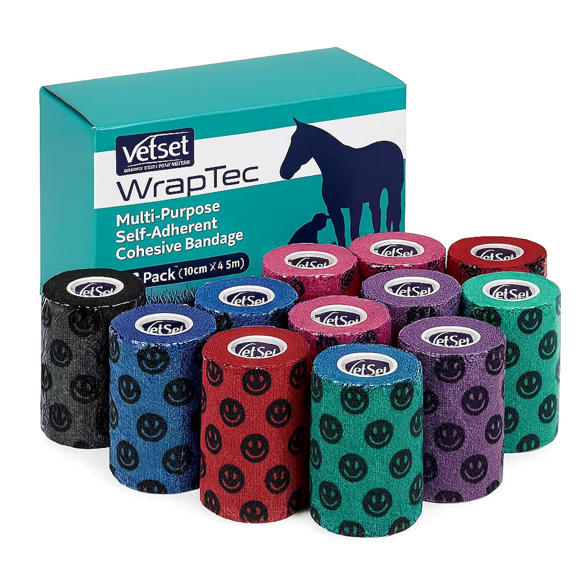 VetSet WrapTec | Vet Wrap Cohesive Bandage Rolls for Horses & Dogs | Self-Adhesive 10cm x 4.5m Flexible Veterinary Wrap | Non-Slip Support for Legs, Tendons & Hoof Poultices (Smiley Face, 12 Pack)
