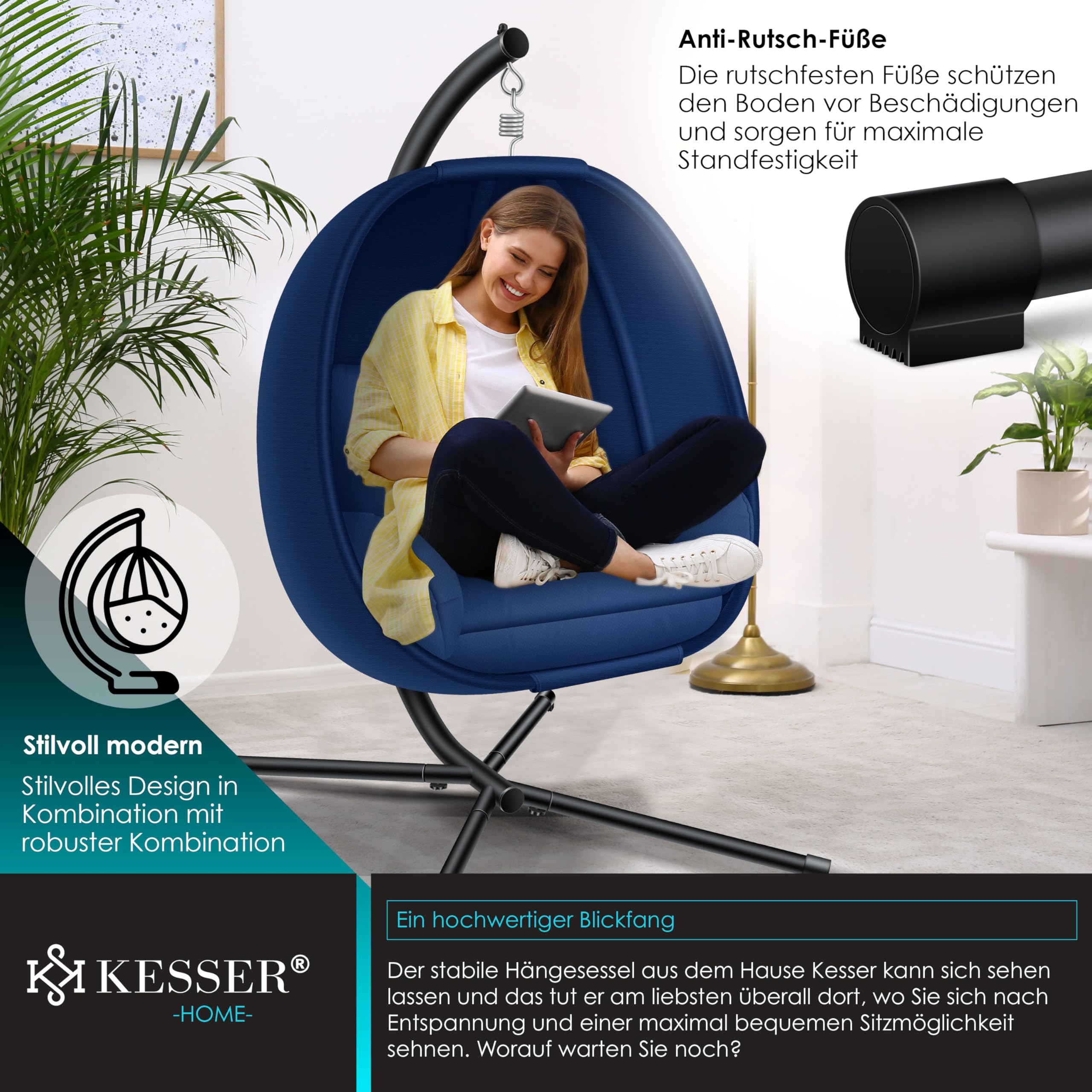 KESSER® Fauteuil Suspendu de Luxe avec Structure et Coussin d'assise Moelleux | Panier Suspendu intérieur et extérieur | Balançoire de Jardin | Panier Suspendu | Chaise Suspendue